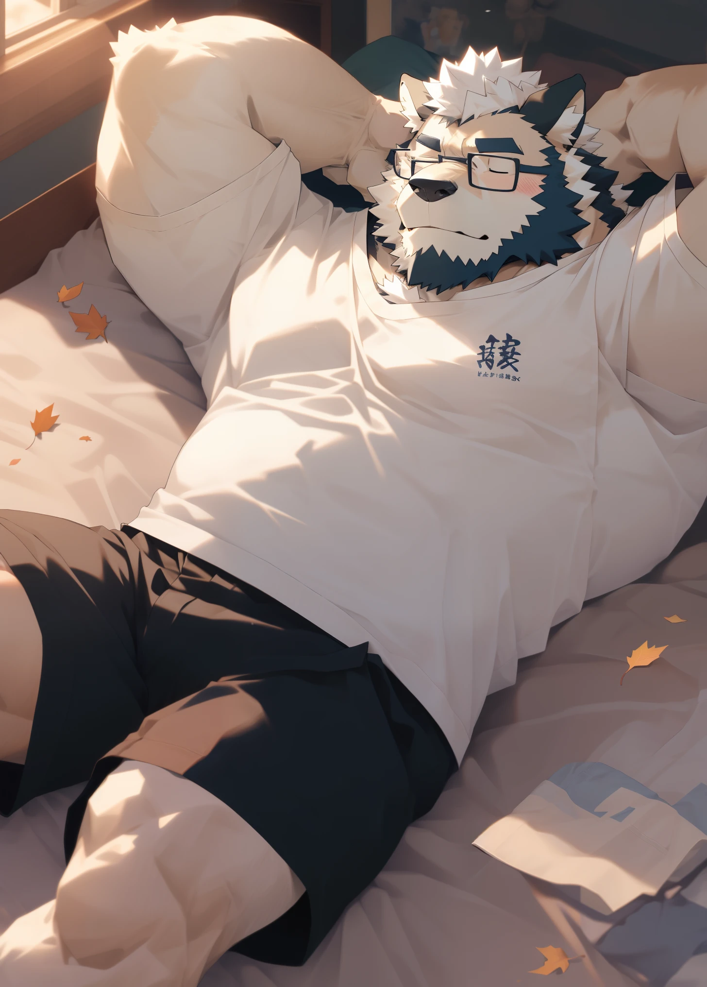 hairy,(Wolf,Black-rimmed glasses,White short sleeves,灰色long sleeves衬衣,long sleeves,roll up sleeves,shorts),beard,white fur,male,Common,full-body shot, dynamic poses,There are fallen leaves,Sunlight,in the bedroom,bed,lying down,Close eyes,Asleep,Detailed background,极其lifelike阴影,masterpiece,Very detailed,lifelike