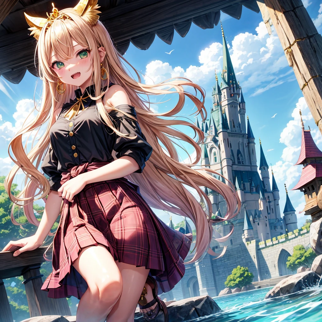 pink blonde、green eyes、one good looking girl、solo、anime、plaid mini skirt、the skirt has buttons、black camisole、black t-shirt、dress、wearing a ribbon、ribbon at waist、cloak、hood、clouds are swirling、stone slabs are piled up、one hand raised、crystal earrings、sun、teeth are visible、splash of water、monster castle、ceiling、golden key、jewelry necklace、tiara、Light and shadow