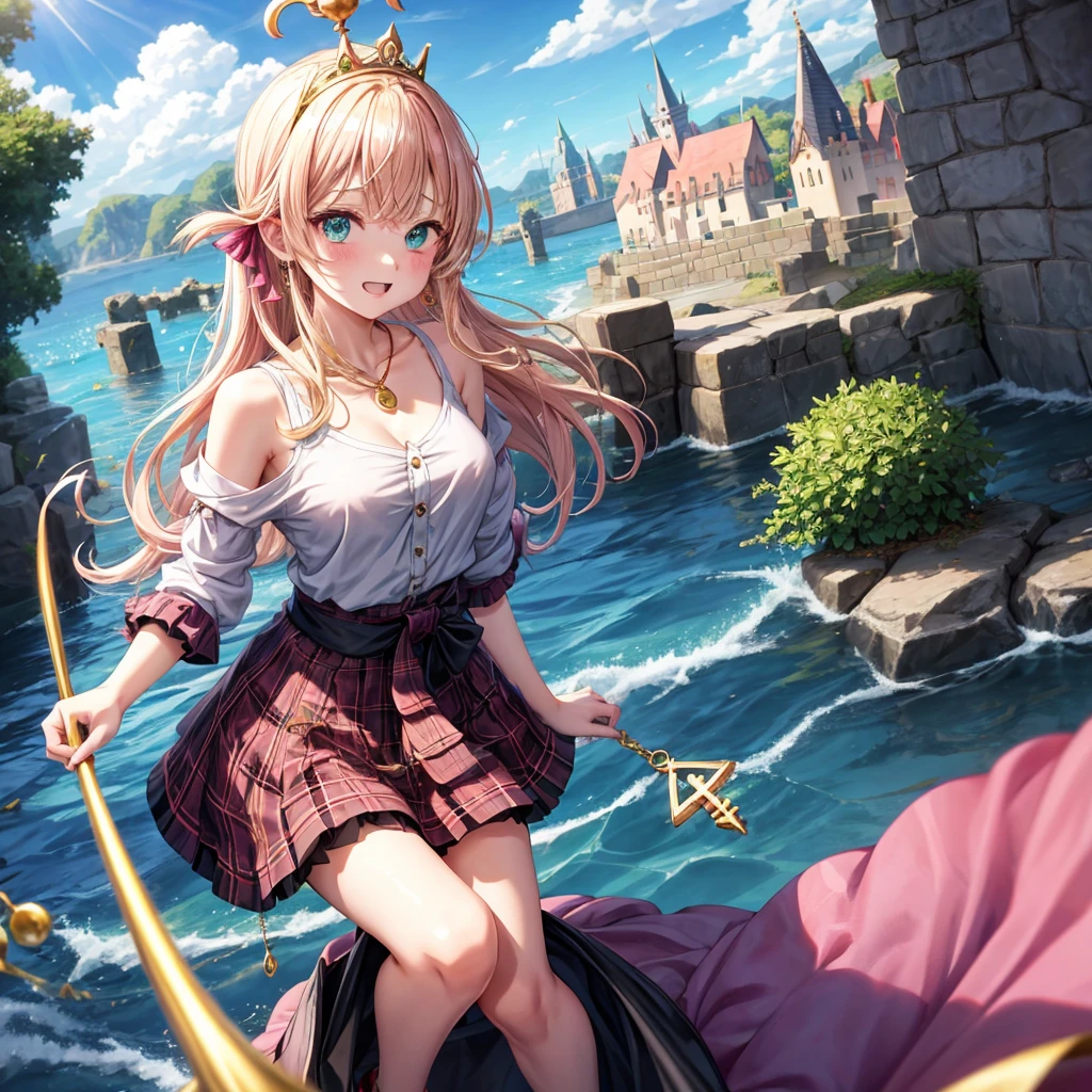 pink blonde、green eyes、one good looking girl、solo、anime、plaid mini skirt、the skirt has buttons、black camisole、black t-shirt、dress、wearing a ribbon、ribbon at waist、cloak、hood、clouds are swirling、stone slabs are piled up、one hand raised、crystal earrings、sun、teeth are visible、splash of water、monster castle、ceiling、golden key、jewelry necklace、tiara、Light and shadow