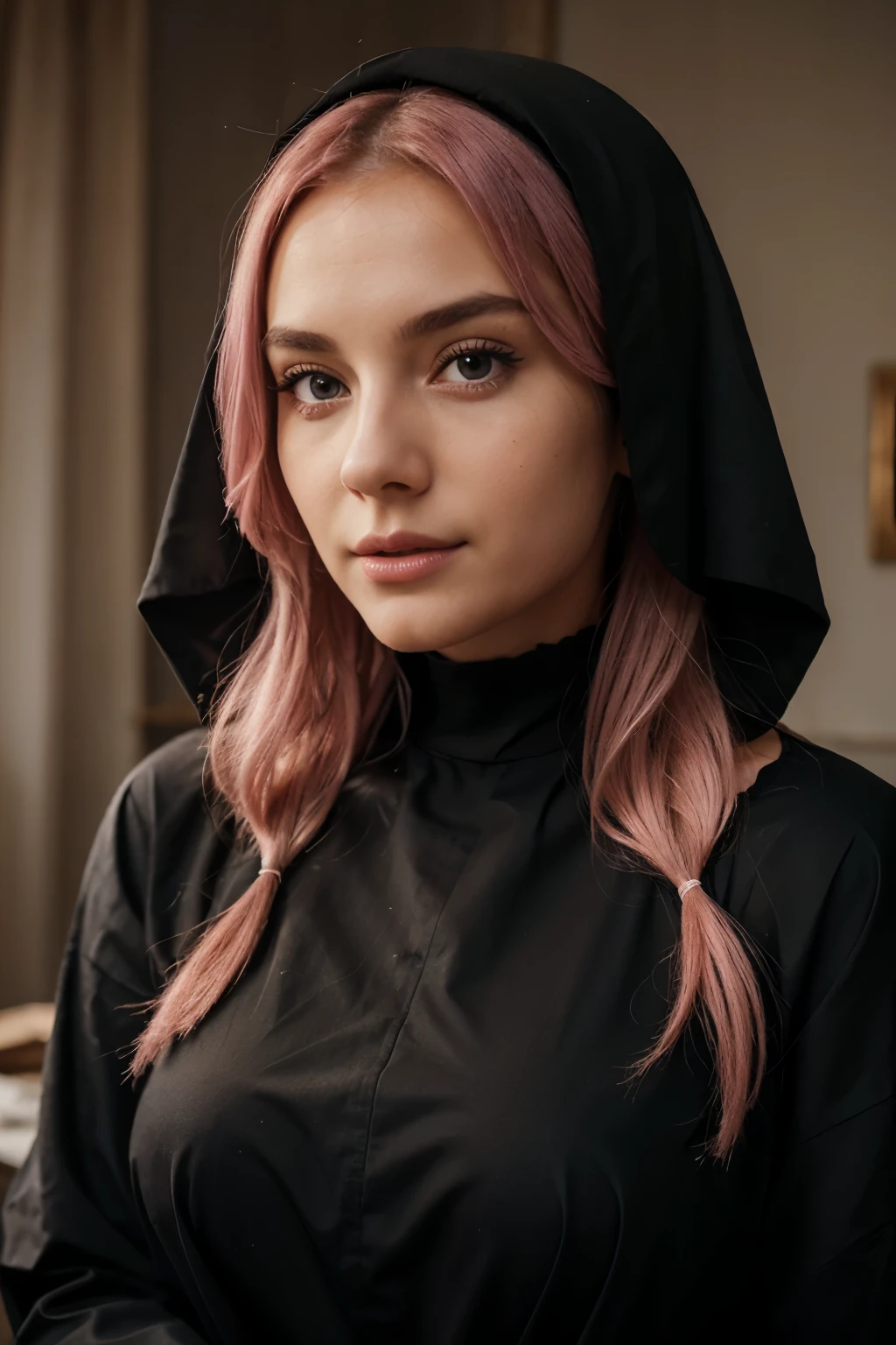 woman nun in black robe, Beautiful italian woman, a sexy girl, a beautiful, big breasts, pink hair, photo of a beautiful, Young sexy woman, beautifully soft lighting, The Goddess, woman, detailed eyes and face, beautiful detailed eyes, choker cross around the neck, beautiful detailed lips, extremely detailed eyes and face, Sexy young woman, Gray background, gorgeous soft lighting