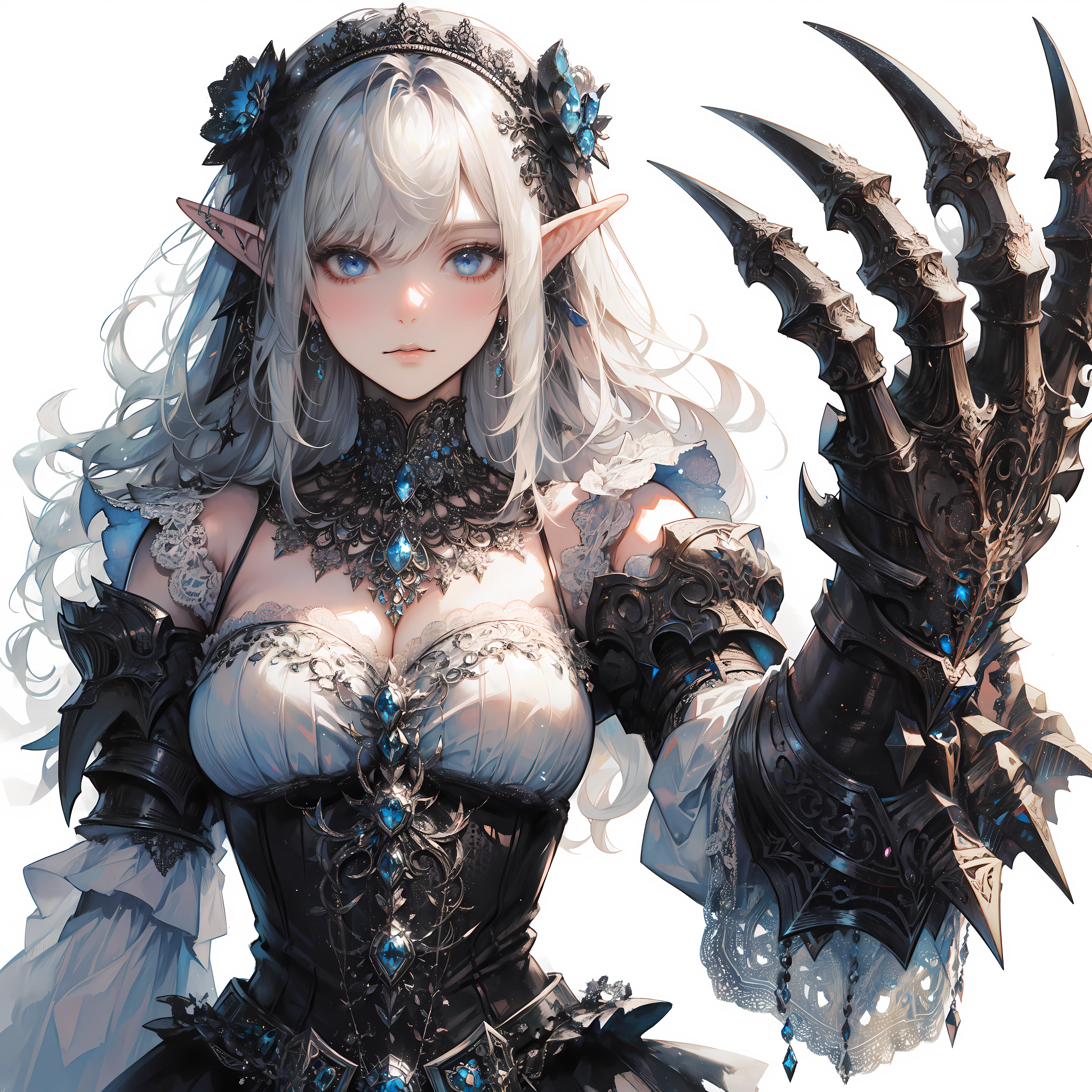 a elf woman wearing a long-sleeved and intricate Gothic maid outfit with details of small accessories, white hair, blue eyes. She wears massive gauntlet with claw and (wears armor to protect her shoulders and chest), by Artgem, Dynamic shot, Dynamic pose, Hayao Miyazaki, Mikimoto Haruhiko, frank frazetta, Cinematic Dramatic atmosphere, fantasy, 8k, watercolor painting