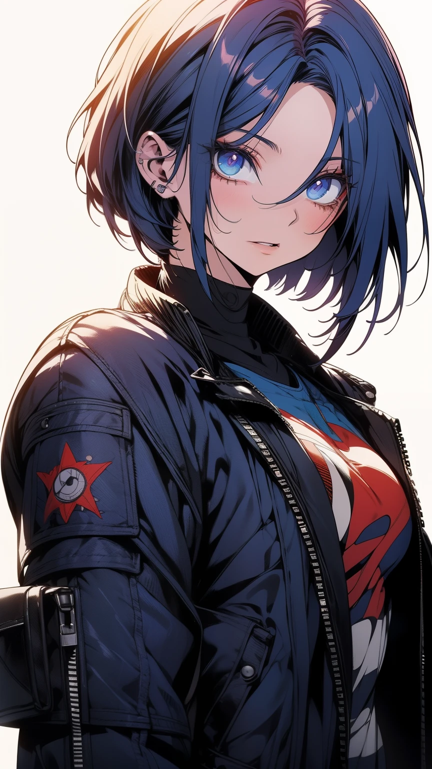 Obra-prima,Detalhado,High resolutions:1.4) , Foto del modelo, fechar, Rosto detalhado, Olhos finos e detalhados,, (Kirishima Touka),medium blue hair,ojo ghoul,retro jacket,Tokyo Ghoul,Fundo retrofuturista, cores vibrantes, hdr,, ,