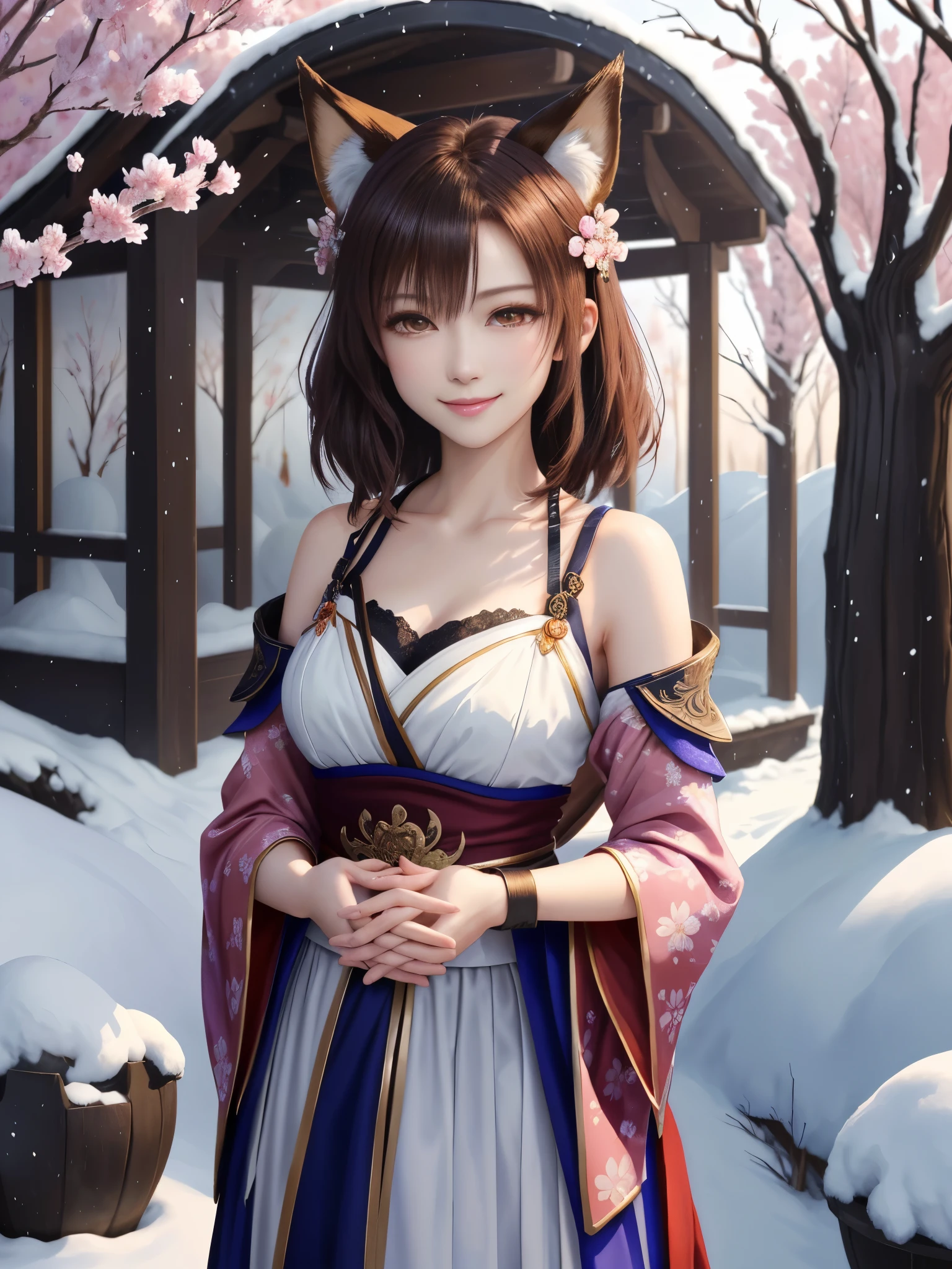masterpiece , best quality,smile,smile,small face,shoulder exposure,some cleavage exposure,bright brown hair,slender body shape,brown eyes,sharp contrast,short hair,美しいフォルムのshort hair,just one person,precision quality,Faithfully reproduced eyes, 一面に咲くcherry blossom background,snow scene,masterpiece, 幻想的なcherry blossom background,night,nightの背景,cherry blossom background,beautiful details, colorful, delicate details, delicate lips, intricate details, genuine, ultrargenuineista, 枝に座っている色とりどりの髪のFoxを持つ女の子:Mature, bright eyes, ,色とりどりのFox, raposa de nine tails, 三尾Fox, 三尾Fox, onmyoji detail art, beautiful fine art illustration, mythical creatures, Fox, beautiful digital art,shrine maiden,hold hands,exquisite digital illustration, mizutsune, Inspired by mythical wild web creatures, pixiv in digital art, shining light, high contrast, Mysterious,