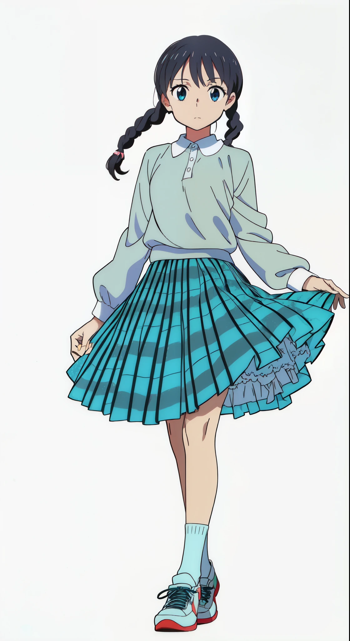 (best quality:2.0), (detailed white petticoat:1.5), (tareme:1.5), (dynamic pose:1.5), (looking at viewer:1.0), (ideal ratio body proportions:1.5), (lanky:1.5), (tall:1.5), (slender:1.5), (small breasts:1.5), (smaller face:1.5), (white background:1.0), (best quality:1.0), (masterpiece:1.0), (super fine illustration:1.0), (beautiful artwork:1.0), (anime screencap:1.0), (official art:1.0), (full body:1.0), (solo:1.0), (ESGA:1.0), (a 12yo cute girl:1.0), (long skirt:1.0), (green tartan skirt:1.0), (pleated skirt:1.0), (aqua blue polo shirt:1.0), (long sleeve polo shirt:1.0), (sneakers:1.0), (white socks:1.0), (ideal ratio body proportions:1.5), (lanky:1.5), (tall:1.5), (slender:1.5), (small breasts:1.5), (smaller face:1.5), (tareme:1.0), (detailed beautiful eyes:1.0), (detailed beautiful face:1.0), (glowing black eyes:1.0), (short hair:1.0), (swept bangs:1.0), (twin braids:1.0), (black hair:1.0)