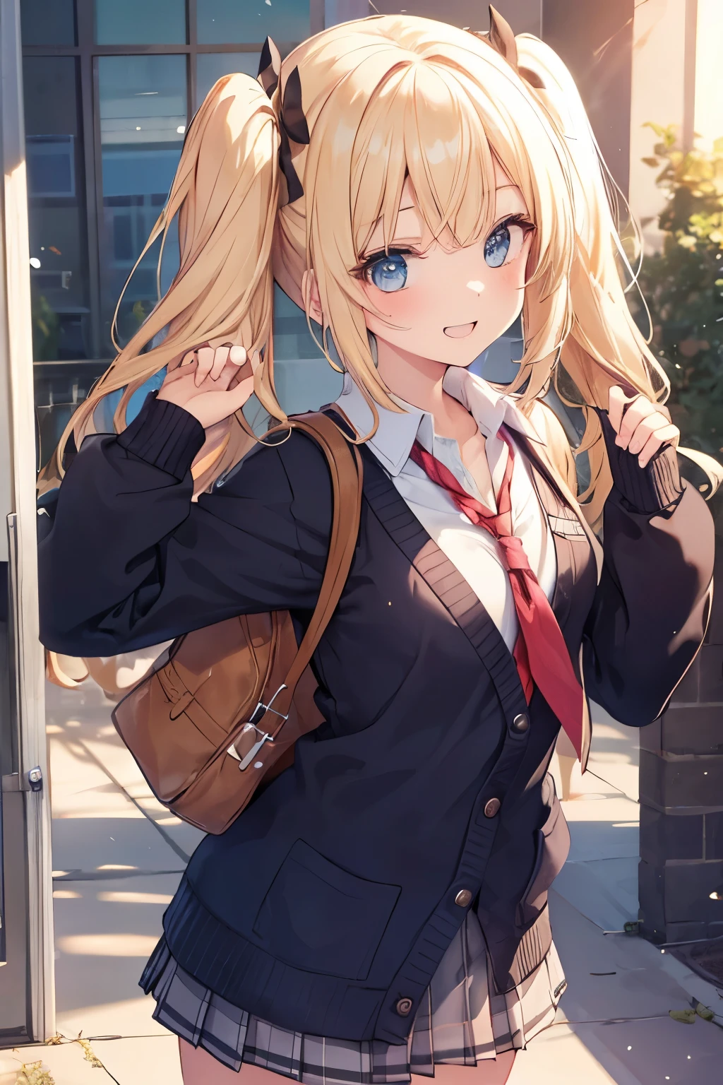 blonde blue eyes、 girl、small breasts、twin tails、laughter、Nico Nico Smile、uniform、I&#39;m wearing a knit cardigan、winking、 girl、Looks like a 15 year old、Petan Musume、short、go to school together