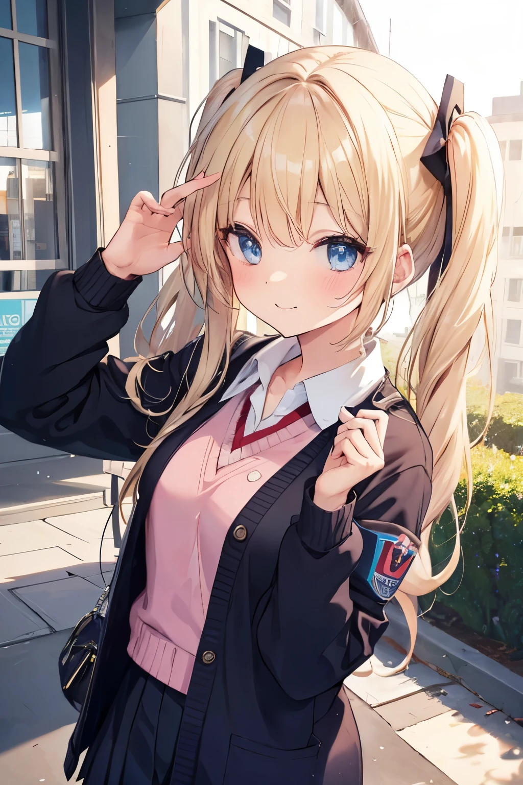 blonde blue eyes、 girl、small breasts、twin tails、laughter、Nico Nico Smile、uniform、I&#39;m wearing a knit cardigan、winking、 girl、Looks like a 、Petan Musume、short、go to school together