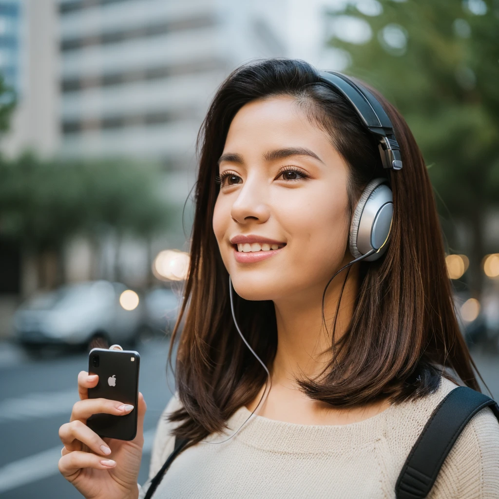 Uma mulher , listening to music , fones de ouvido , sorridente , rosto perfeito , pele incrivelmente branca , pale