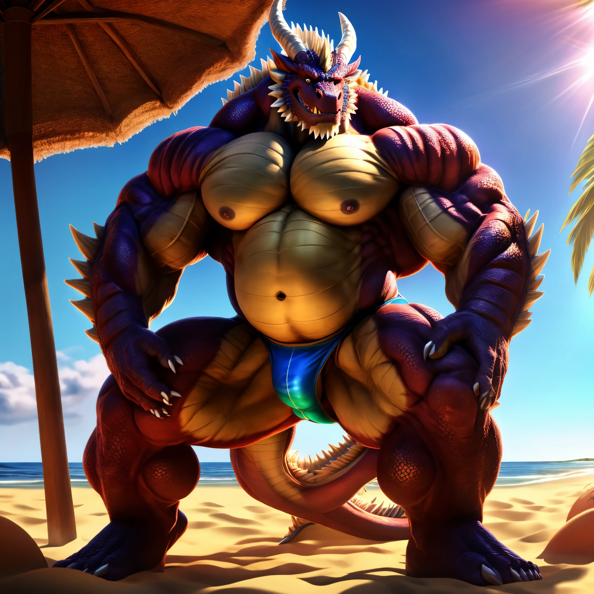 kaido, dragon king, male dragon, eastern dragon, very big muscles, hulking, extremely strong, big abdominal muscles, hefty musclegut, pecs, feet, claw, full body, thong, one piece, HDR, nipples, sunlight, daylight, outdoor, sunshine, at noon, on beach, good weather,