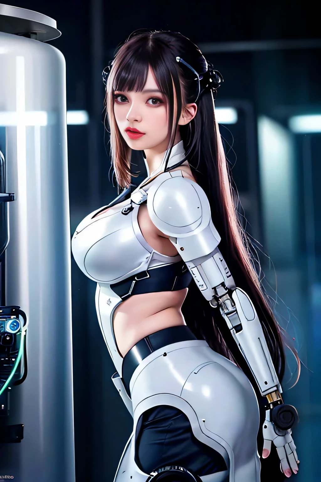 Dystopian, [sci-fi], High Detail RAW color Photo, Full Shot, of (cute female arterial intelligence, cybernetic enhancements), indoors, standing, (inside cryogenic chamber, in advanced cyberpunk research facility), toned physique, (large perky breasts, normal, large ass, (pale skin), (cybernetic implants:1.2), (augmentations), (cyborg:1.1), (detailed skin, diffused skin pores), silicone, metal, (highly detailed, fine details, intricate), (lens flare:0.4), (bloom:0.4), diffused soft lighting, raytracing, shallow depth of field, (Oliver Wetter), photographed on a Canon EOS 5D, 90mm micro lens, f/8, sharp focus, smooth, cinematic film still from Blade Runner 2049, [Cyberpunk:Dieselpunk:0.25]