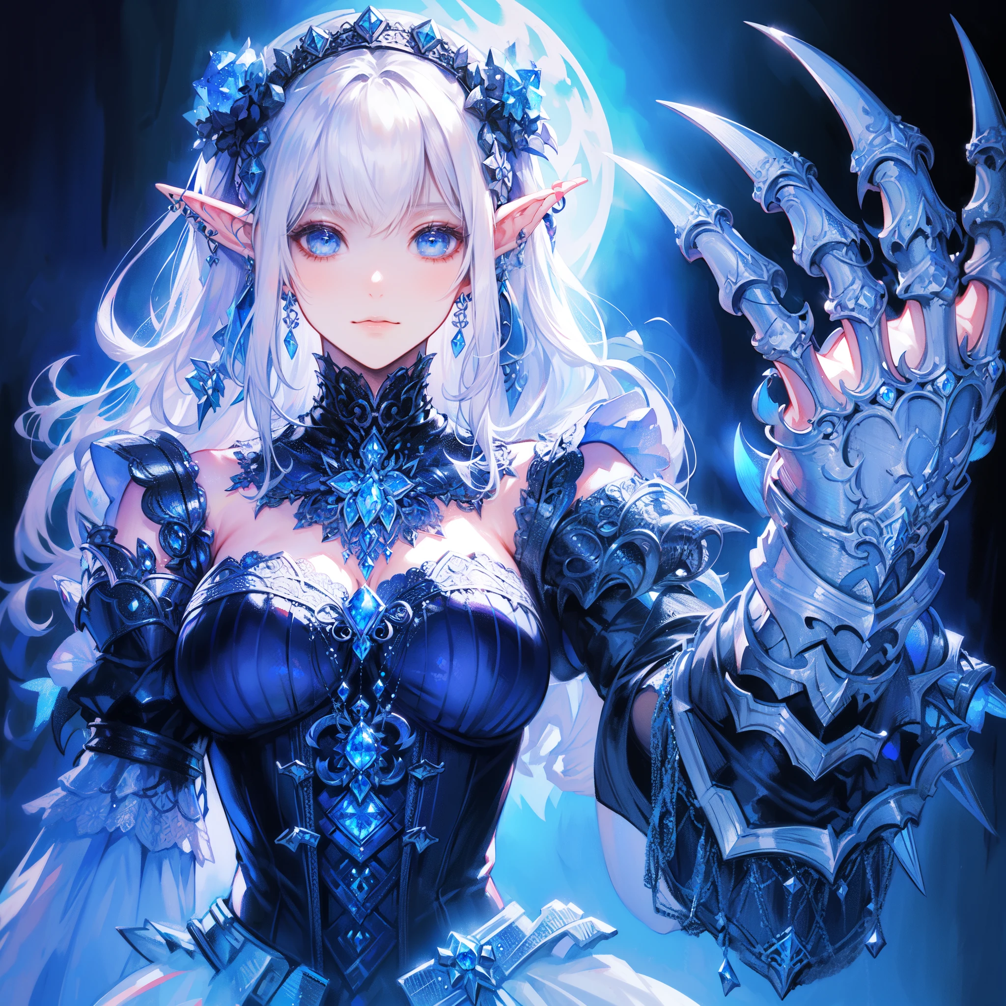 a elf woman wearing a long-sleeved and intricate Gothic maid outfit with details of small accessories, white hair, blue eyes, medium breast. She wears massive gauntlet with claw and (wears armor to protect her shoulders and chest), by Artgem, Dynamic shot, Dynamic pose, Hayao Miyazaki, Mikimoto Haruhiko, frank frazetta, Cinematic Dramatic atmosphere, fantasy, 8k, watercolor painting