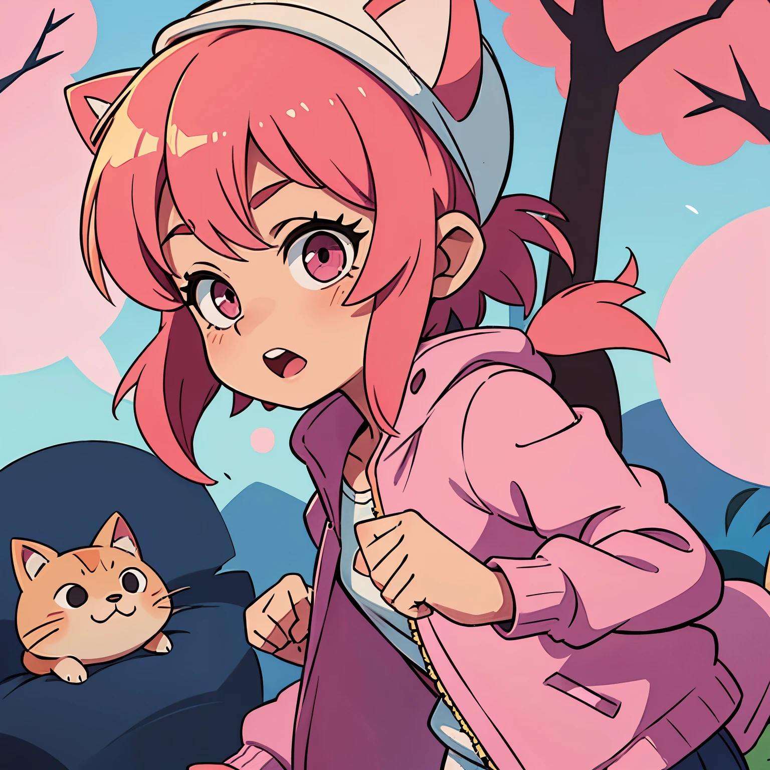Girl with short pink hair, Pink hat with cat ears, In a pink long jacket.