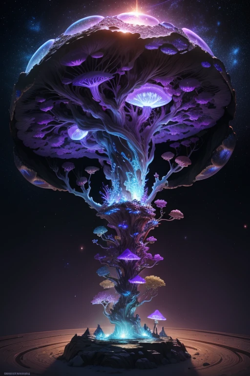 cyberbrain,tree,cybermushroom,galaxy,mandelbulb,fractals space,glow,blue purple lava,siler,bronze,glass, masterpiece, best quality, hyperrealistic,highly detailed,intricate,cinematic,dramatic light,photorealistic,4k, (by mandelbrot), diamond dust bokeh, (by beeple)