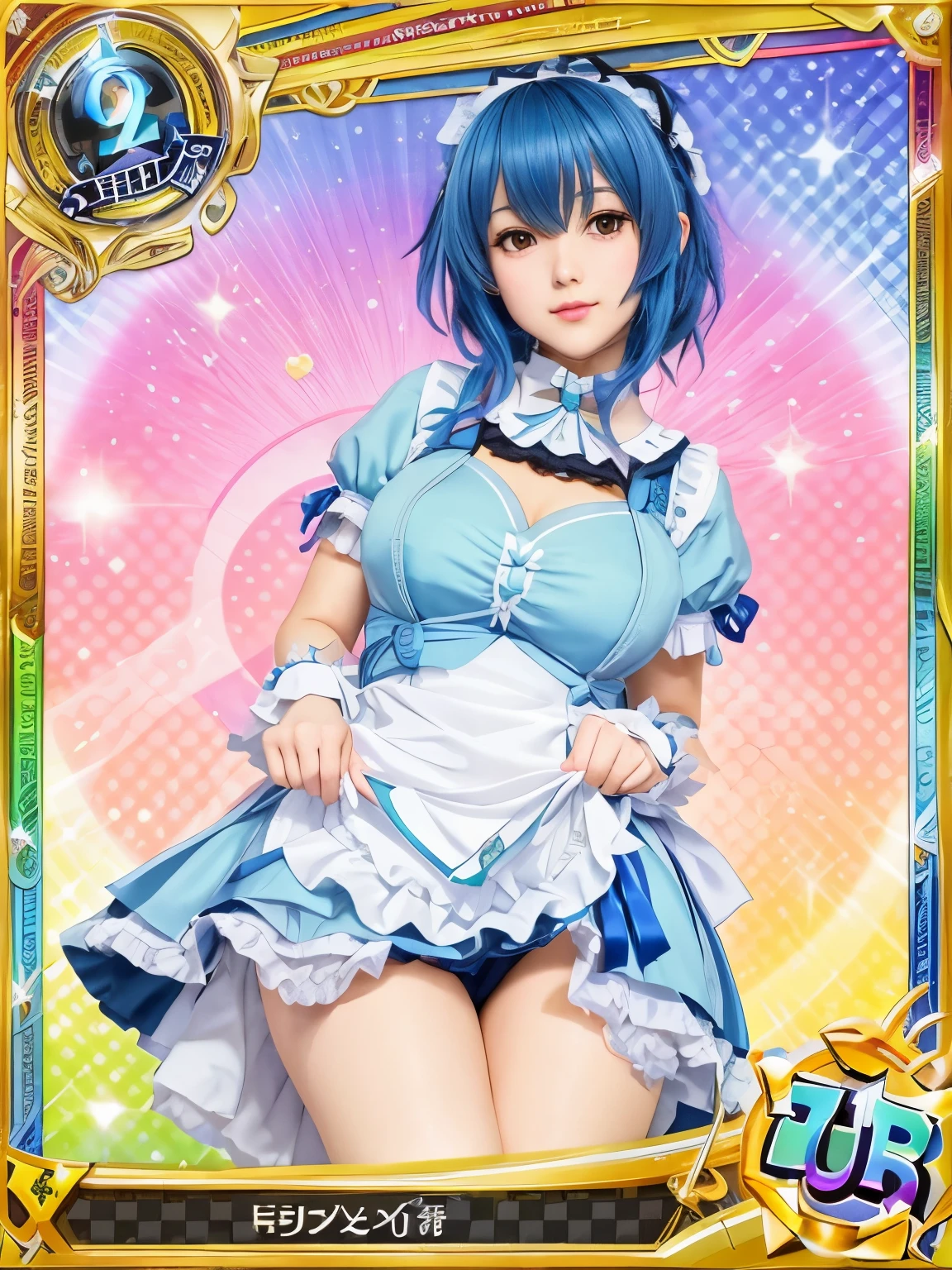 a close up of a card with a girl in a maid outfit, mayuri shiina, aqua from konosuba, trading card, beatrice blue, fubuki, rei hiroe, perfect hands, full card design, portrait knights of zodiac girl, trading card fond, knights of zodiac girl, vivid!!, gorgeous maid, short blue haired woman, fus rei