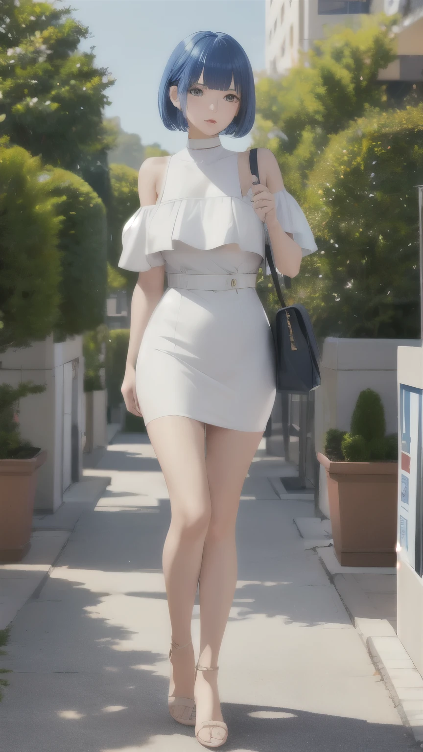 ((highest quality)), ((masterpiece)), (be familiar with),full body image、sky blue bob hair、bangs bangs、half open eyes、sharp corner of the eye、off shoulder、beige bodycon mini dress、handbag、walking outdoors、F cup、24 year old woman