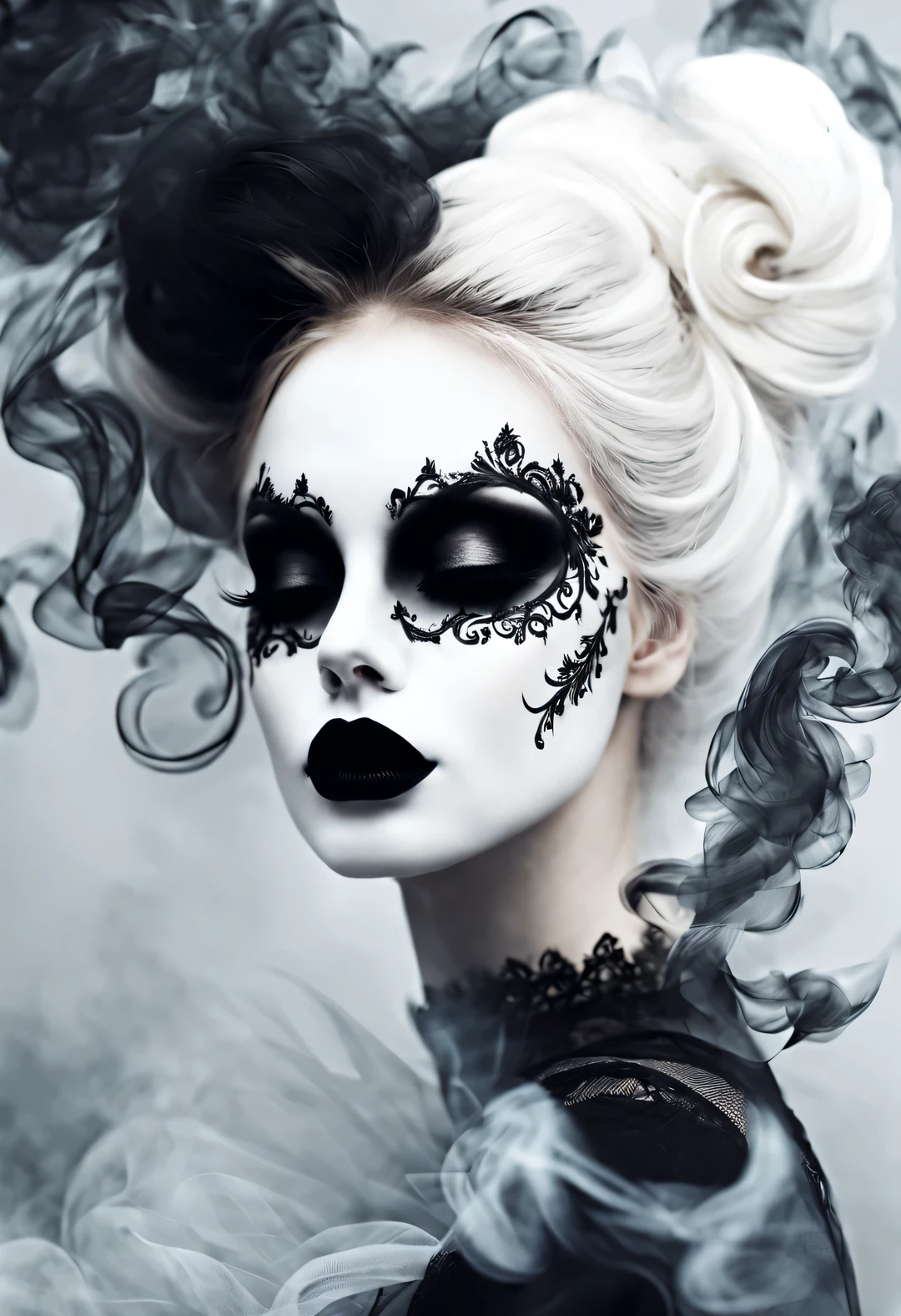 gothic art,Dream,Only a beautiful white face,Gothic makeup,Black and white smoke floats around,simple white background