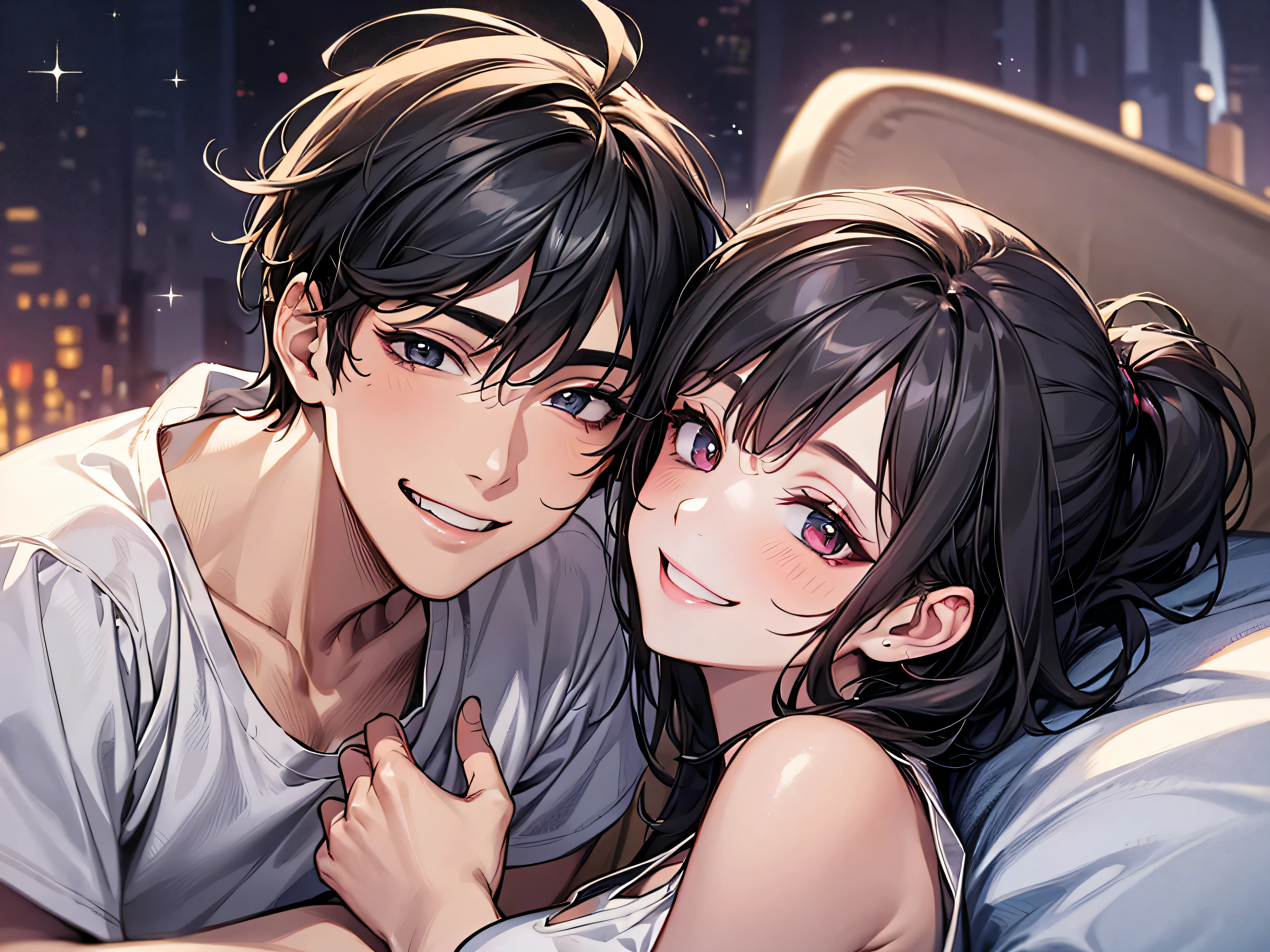 couple,(night),male,masterpiece, high quality, hd,perfect lighting, detailed face, detailed body, short black hair, white t-shirt, (smile: 1.5), sitting, bed,Vampire Woman,,couple,