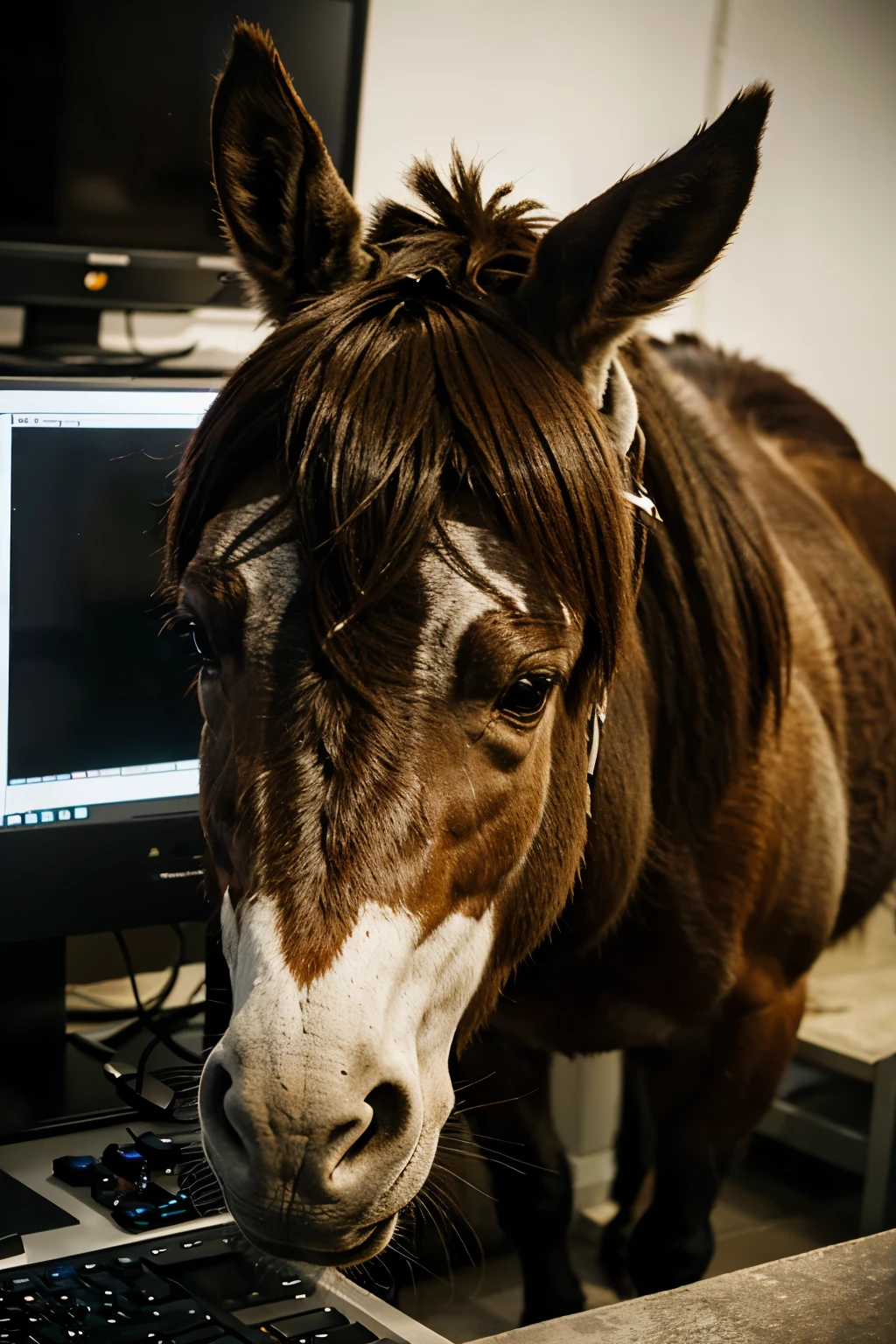 a lonely donkey, sentado em frente a um computador, pensando