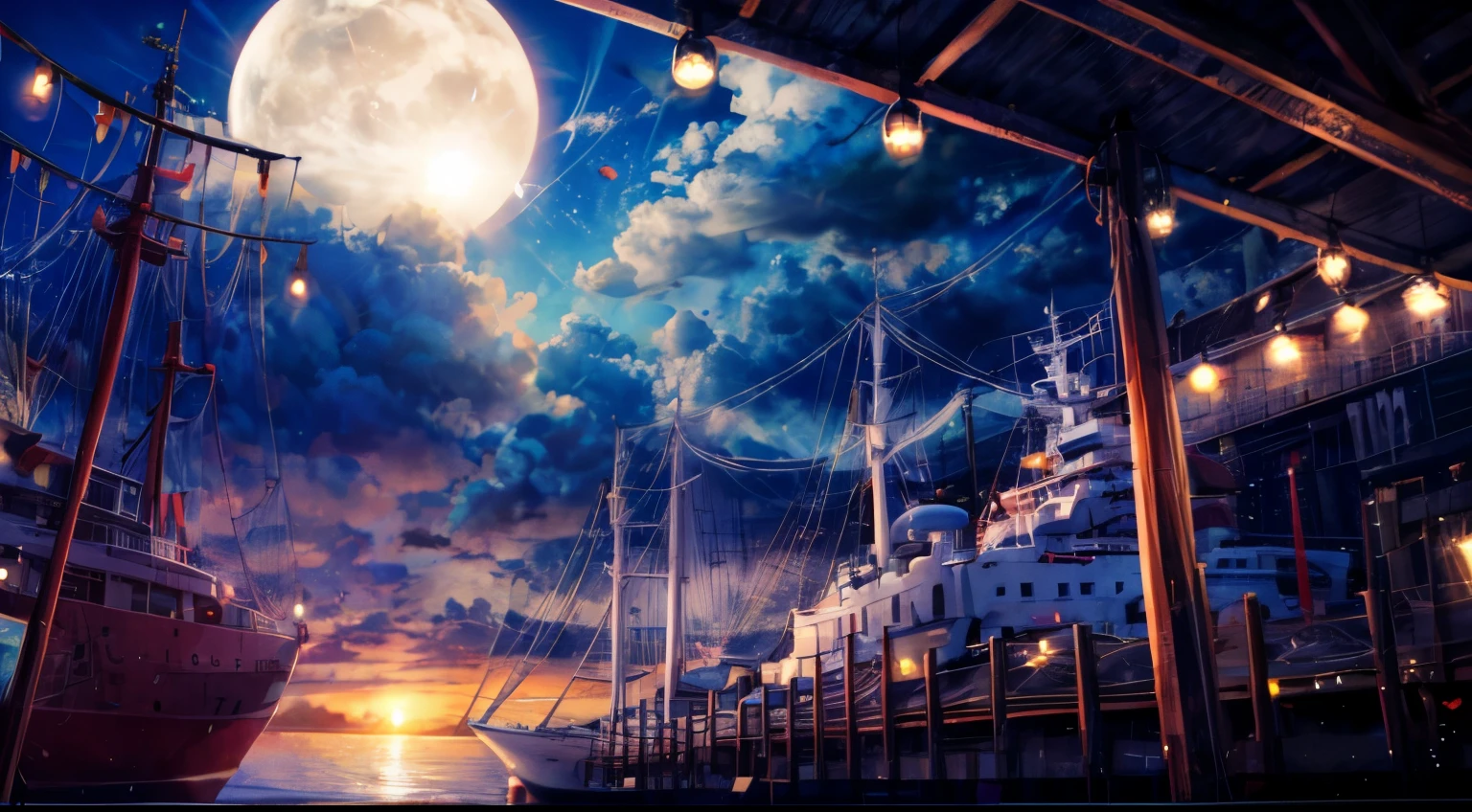 In the midst of the port line, ships all lined up, the sun has already set and the night light shines on the harbor, serene atmosphere
