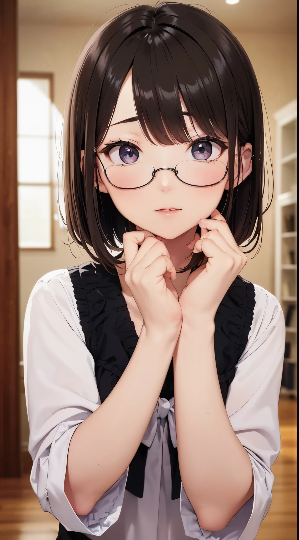 Glasses、cross-eyed、drunk、embarrassed、highest quality, detailed face, High resolution, 1 girl, middle chest, smile, light dress , gray mini skirt, excellent anatomy, looking at the viewer, soft focus, cinematic lighting, Depth of the bounds written, ((happy expression)), middle hair, barefoot, outdoor, asymmetrical hairstyle, Three-quarter angle, sit on the sofa