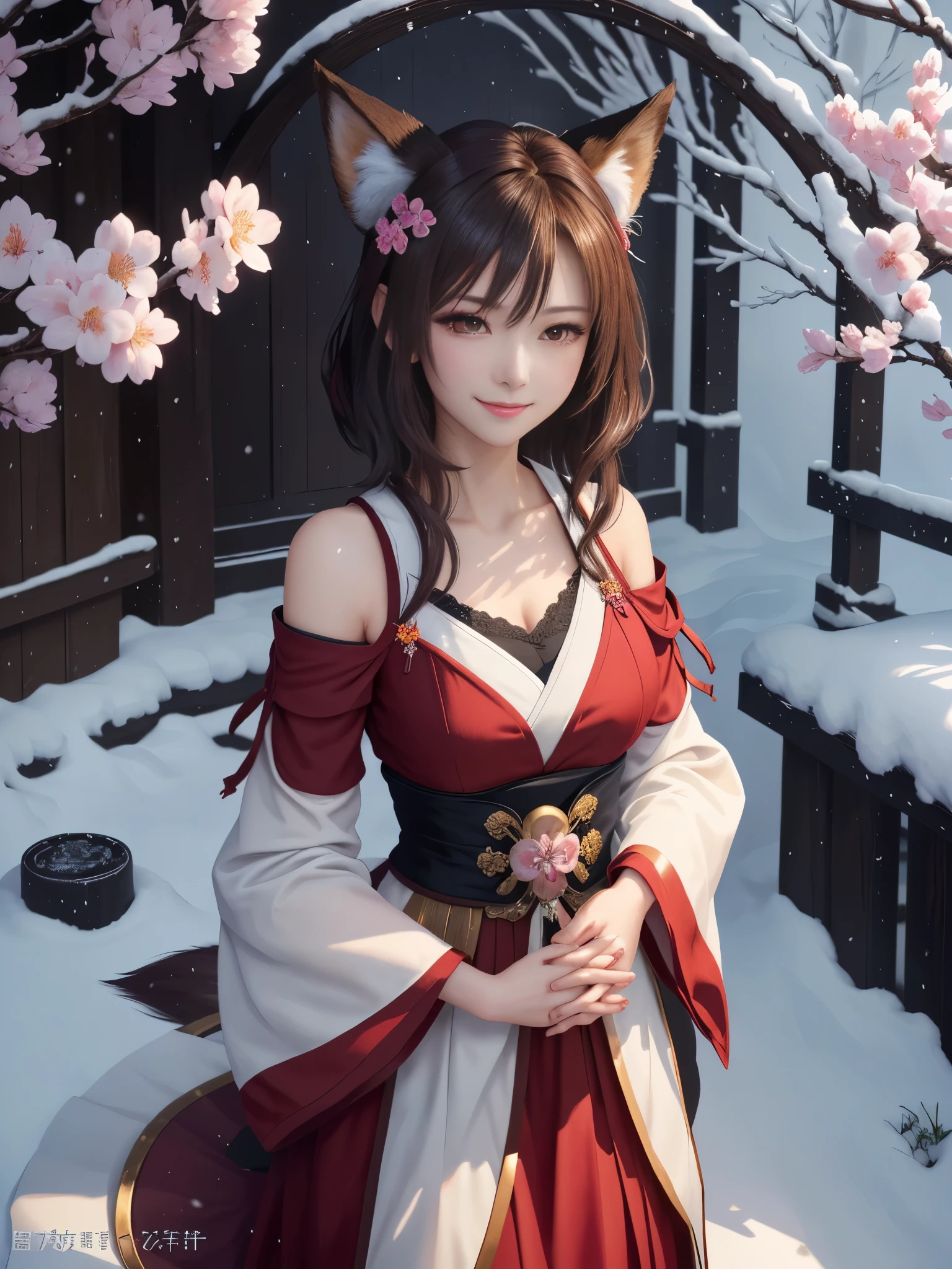 masterpiece , best quality,smile,smile,small face,shoulder exposure,some cleavage exposure,bright brown hair,slender body shape,brown eyes,Mysterious雰囲気,sharp contrast,short hair,美しいフォルムのshort hair,just one person,precision quality,Faithfully reproduced eyes, 一面に咲くcherry blossom background,snow scene,masterpiece, 幻想的なcherry blossom background,night,nightの背景,cherry blossom background,beautiful details, colorful, delicate details, delicate lips, intricate details, genuine, ultrargenuineista, 枝に座っている色とりどりの髪のFoxを持つ女の子:Mature, bright eyes, ,色とりどりのFox, raposa de nine tails, 三尾Fox, 三尾Fox, onmyoji detail art, beautiful fine art illustration, mythical creatures, Fox, beautiful digital art,shrine maiden,hold hands,exquisite digital illustration, mizutsune, Inspired by mythical wild web creatures, pixiv in digital art, shining light, high contrast, Mysterious,