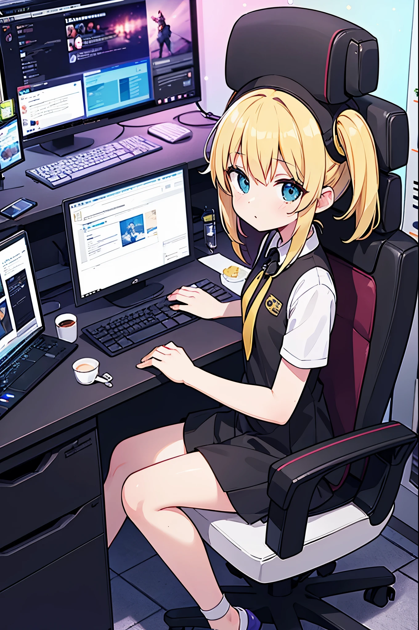 Ultra realista, chica , flequillo de pelo blanco , grave ,escote de pechos medianos , in room with RGB lights sitting at desk with gaming computer