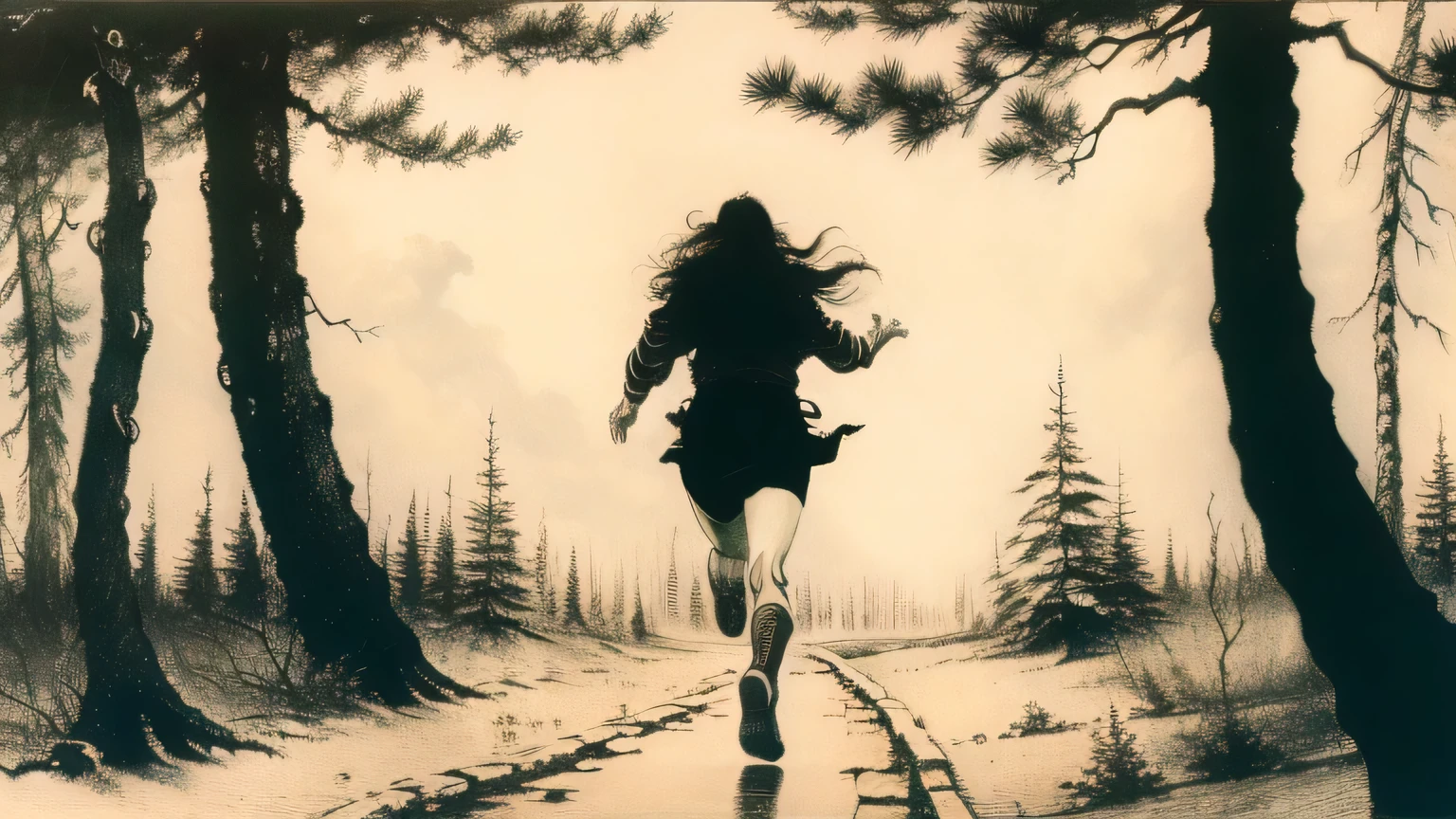 woman running away,pine forest,The atmosphere is scary..