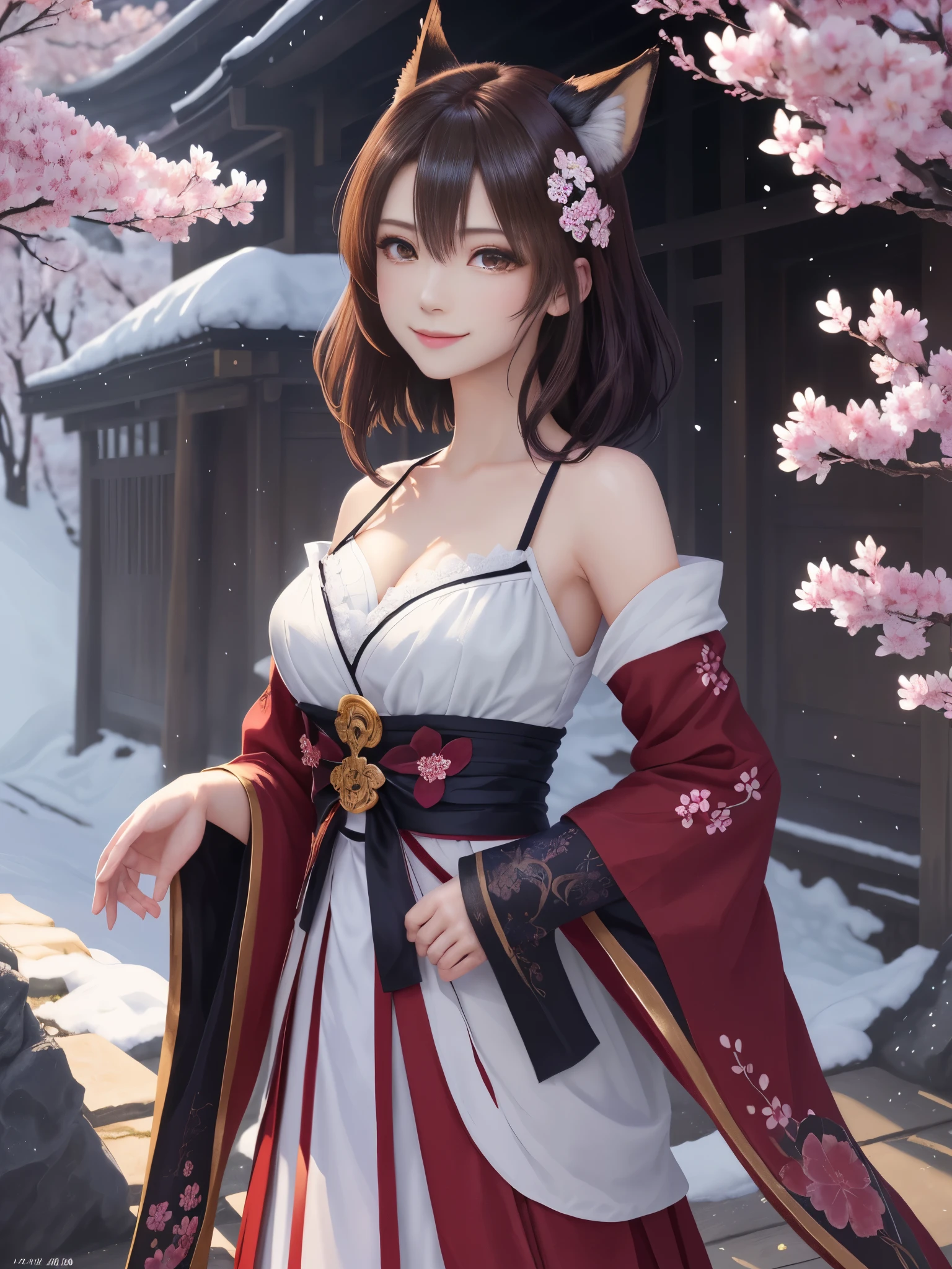 masterpiece , best quality,smile,smile,small face,shoulder exposure,some cleavage exposure,bright brown hair,slender body shape,brown eyes,Mysterious雰囲気,sharp contrast,short hair,美しいフォルムのshort hair,just one person,precision quality,pray,prayer,Faithfully reproduced eyes, 一面に咲くcherry blossom background,snow scene,masterpiece, 幻想的なcherry blossom background,night,nightの背景,cherry blossom background,beautiful details, colorful, delicate details, delicate lips, intricate details, genuine, ultrargenuineista, 枝に座っている色とりどりの髪のFoxを持つ女の子:Mature, bright eyes, ,色とりどりのFox, raposa de nine tails, 三尾Fox, 三尾Fox, onmyoji detail art, beautiful fine art illustration, mythical creatures, Fox, beautiful digital art,shrine maiden,exquisite digital illustration, mizutsune, Inspired by mythical wild web creatures, pixiv in digital art, shining light, high contrast, Mysterious,