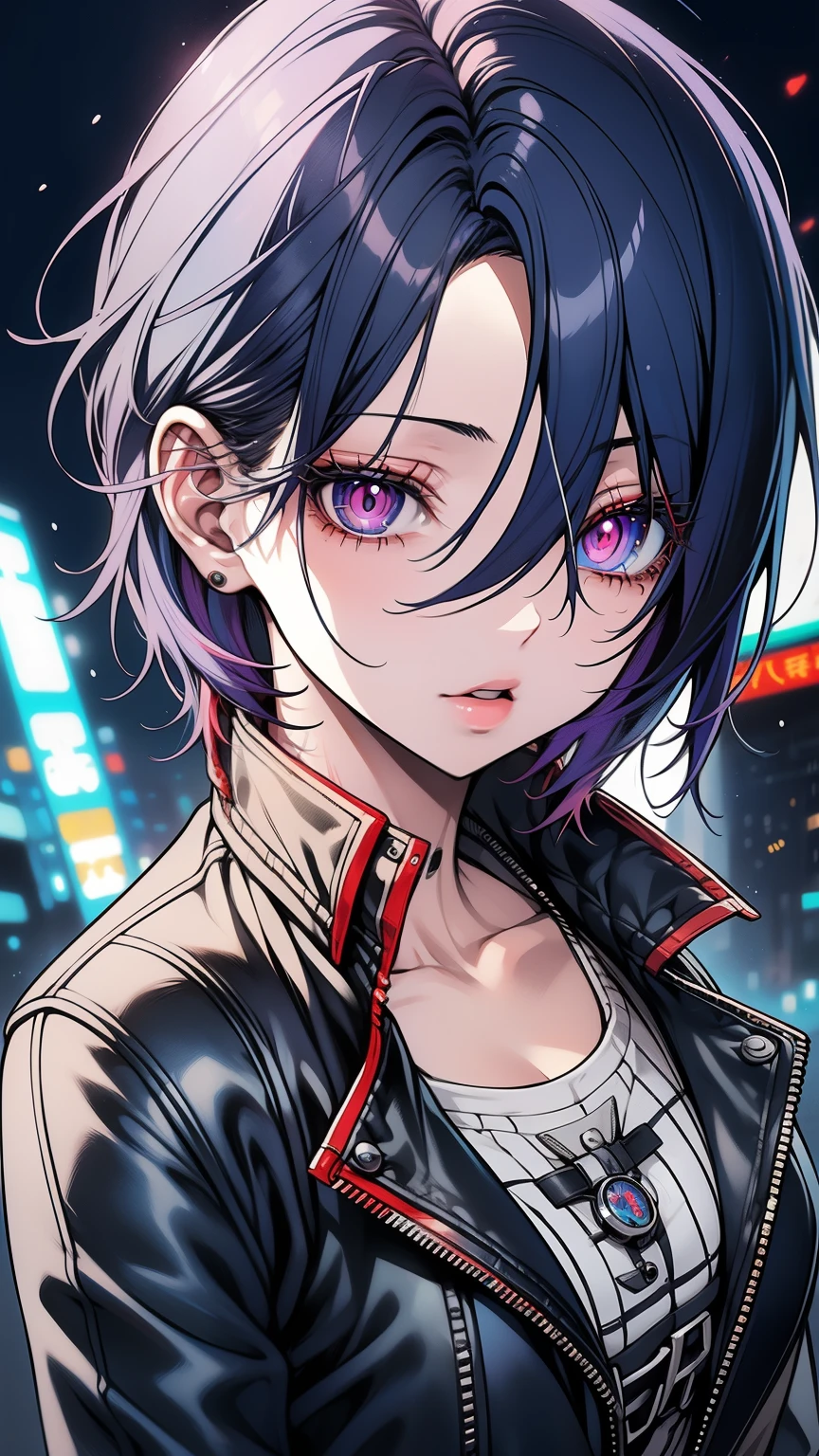 Obra-prima,Detalhado,High resolutions:1.4) , Foto del modelo, fechar, Rosto detalhado, Olhos finos e detalhados,, (Kirishima Touka),medium blue hair,ojo ghoul,retro jacket,Tokyo Ghoul,Fundo retrofuturista, cores vibrantes, hdr,, ,