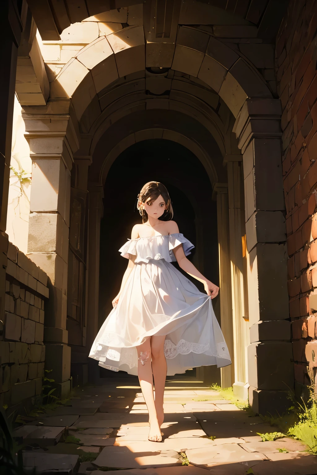 ((Highest image quality:1.6, masterpiece:1.4))、Dark Ancient Underground Ruins, Female Ritual in White Dress,
Long, dark hair braided intricately and wrapped around the shoulders, trailing behind as she takes slow steps, her old tattered dress torn in places, exposing her frail, chained hands and feet,
Barefoot and echoing the silence of the forsaken place,
((Forgotten Gateway of Time and Space:1.3)), the forgotten entrance to another world,
Mysteriously glowing with an ethereal light, revealing intricate details of the once-beautiful