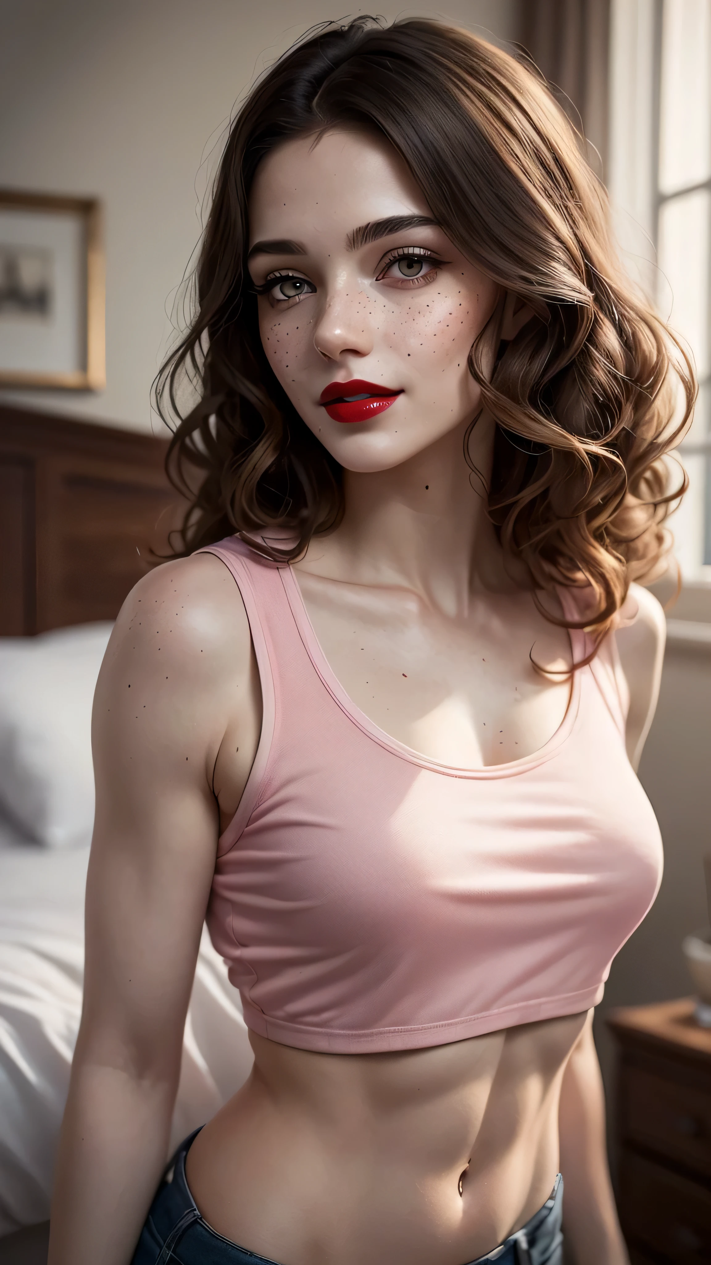 ((best quality: 1.5)) ((masterpiece: 0.8)), intricate details, sharp focus, professional, real life, realistic representation of the face, dynamic pose, in the style of realistic and hyper detailed renderings BREAK ((detailed women, ((shiny red lips, bedroom, bed, pink cutoff t-shirt, (goth, albino skin, [dark hair:blonde hair:0.5])),  (long curly hair, [flat chest:medium breasts:0.5])), smiling, playful, abdominal muscles), freckles: 1.0), photorealistic, hyper-realistic, 8K