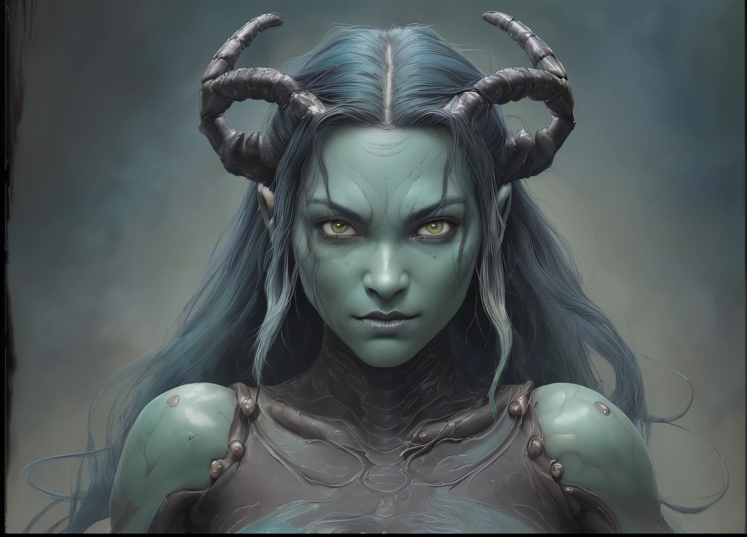 High Angle detailed ((dnd fantasy humanoid race, water-sign, scorpio, slightly insectoid features, long wet dark-green hair, man and woman portrait, blue skin, totally black eyes)), HD, (oil painting:1.1), (comic book art style:1.5),(inked outline:1.3), Stunning, Character, Portrait, (((Looking Sideways muted natural colors:1.3) in painterly style by Jean Baptiste Monge , friendly looking, ethereal beauty, human-like, segmented skin, model-like, nice smile, looks like a good-aligned species, heroic facial features, angelic, mysterious, intense, loyal, scorpion-like features, segmented skin markings, not creepy, slightly scorpion-like features, no wrinkles, 24 years old