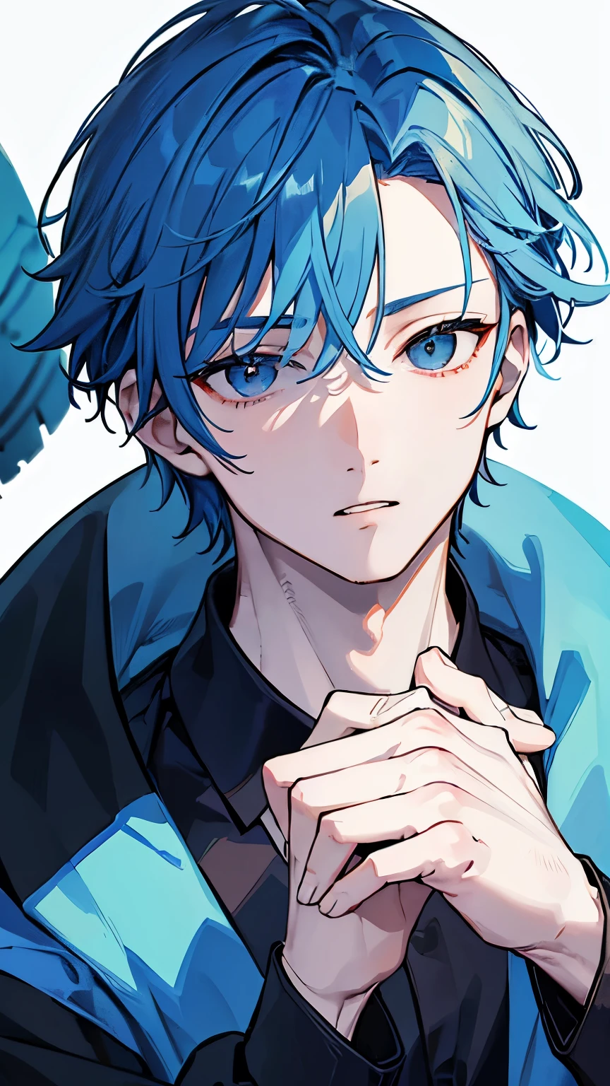 (((Face closeup))), upper body, (masterpiece), best quality, expressive eyes, gorgeous blue-haired male, broad masculine shoulders, perfect face, korean idol, suit, casual wear, techwear, sharp jawline, handsome, smooth face, masculine hands, best hands, pale skin, modern, tall,Anime