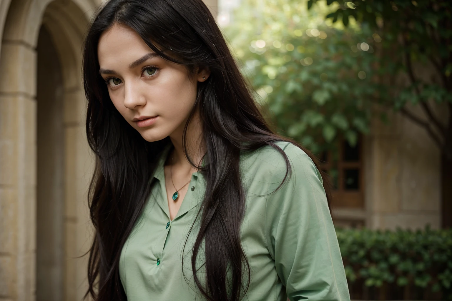 A beautiful and slender young girl with long, flowing black hair and piercing green eyes. She has a fair complexion and a perfect nose and mouth. She is wearing a Hogwarts uniform, and she looks confident and determined.