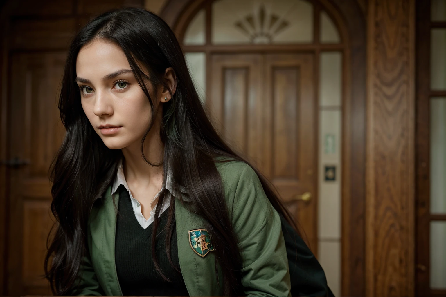 A beautiful and slender young girl with long, flowing black hair and piercing green eyes. She has a fair complexion and a perfect nose and mouth. She is wearing a Hogwarts uniform, and she looks confident and determined.