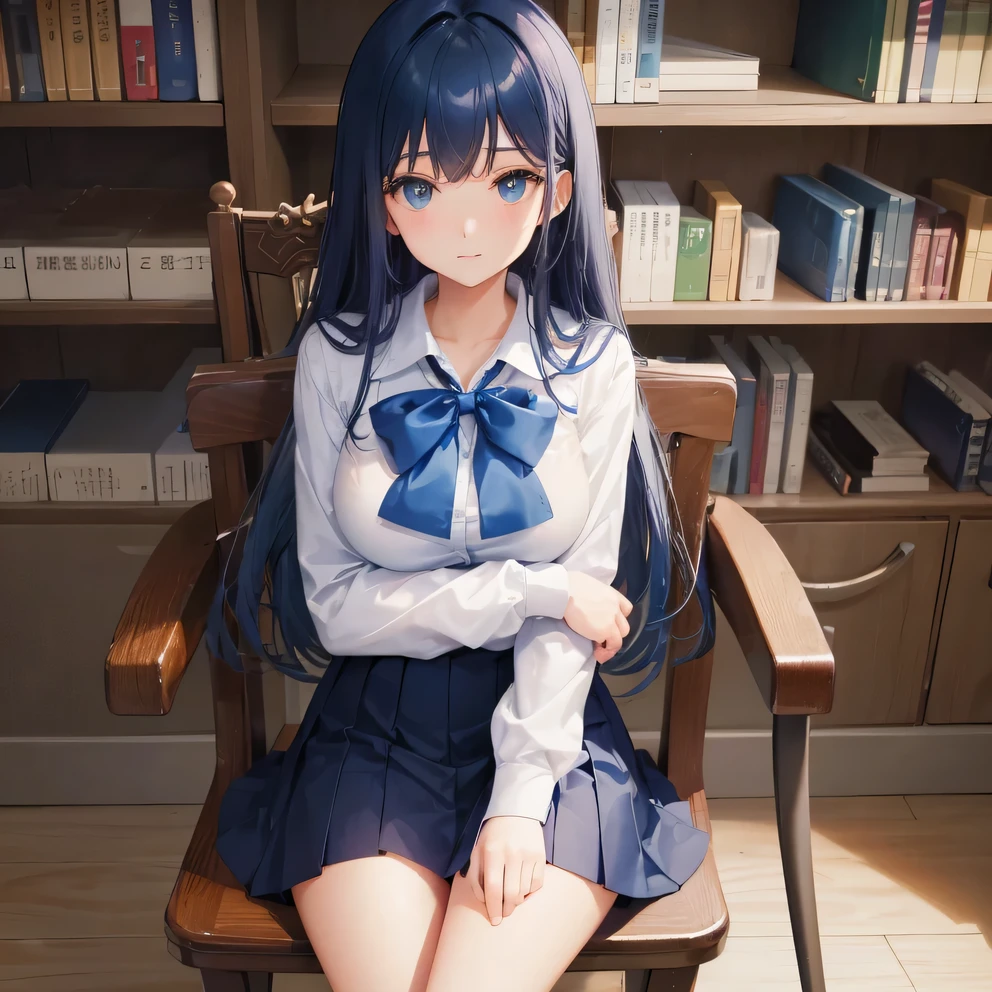 1 high school girl　alone　high school uniform　White Y shirt long sleeve　blue ribbon　dark blue hair color　dark blue hair color　big breasts　library　学校のlibrary　bookshelf　sit on a chair　loafers　full body portrait　slim body shape　cool look　Laugh a little　mini skirt