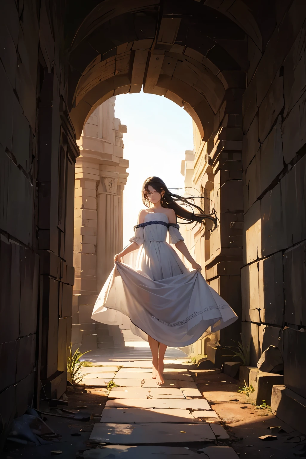 ((Highest image quality:1.6, masterpiece:1.4))、Dark Ancient Underground Ruins, Female Ritual in White Dress,
Long, dark hair braided intricately and wrapped around the shoulders, trailing behind as she takes slow steps, her old tattered dress torn in places, exposing her frail, chained hands and feet,
Barefoot and echoing the silence of the forsaken place,
((Forgotten Gateway of Time and Space:1.3)), the forgotten entrance to another world,
Mysteriously glowing with an ethereal light, revealing intricate details of the once-beautiful