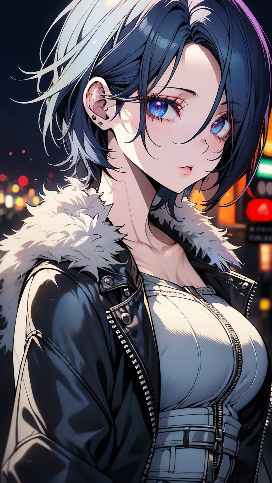 Obra-prima,Detalhado,High resolutions:1.4) , Foto del modelo, fechar, Rosto detalhado, Olhos finos e detalhados,, (Kirishima Touka),medium blue hair,ojo ghoul,retro jacket,Tokyo Ghoul,Fundo retrofuturista, cores vibrantes, hdr,, ,