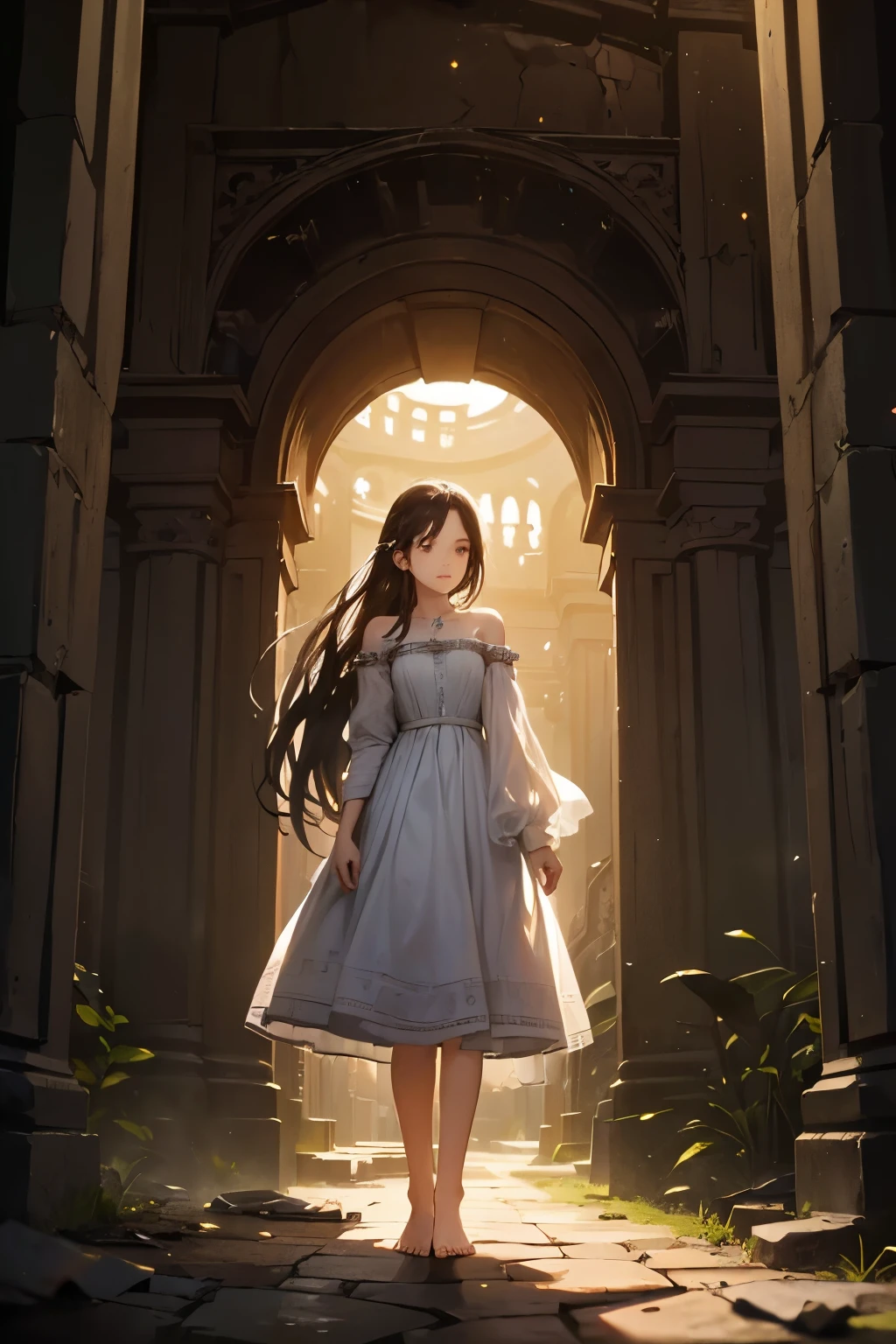 ((Highest image quality:1.6, masterpiece:1.4))、Dark Ancient Underground Ruins, Female Ritual in White Dress,
Long, dark hair braided intricately and wrapped around the shoulders, trailing behind as she takes slow steps, her old tattered dress torn in places, exposing her frail, chained hands and feet,
Barefoot and echoing the silence of the forsaken place,
((Forgotten Gateway of Time and Space:1.3)), the forgotten entrance to another world,
Mysteriously glowing with an ethereal light, revealing intricate details of the once-beautiful
