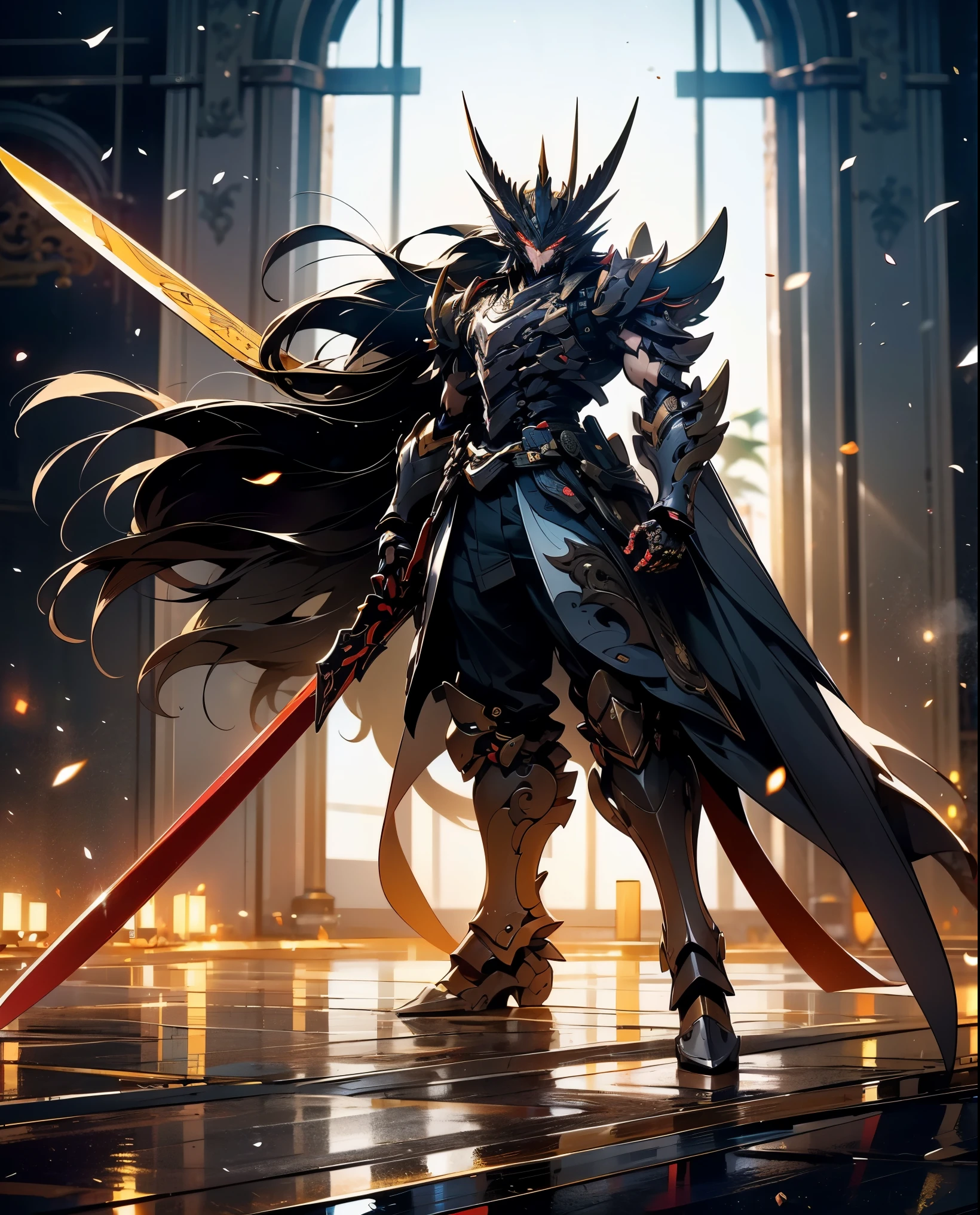 super wide shot, Full body frontal photo,Mecha male warrior，The heroic demeanor of the Three Kingdomech color: Red and dark series》，（《Romance of the Three Kingdoms》，《Lu Bu》，Holding Fang Tian's halberd in his hand，），（Full body mecha）, Keqing from Genshin Impact, (Masterpiece) ， The best quality， High quality，Gold armor，movie lighting， （Exquisite future）， Beautiful and beautiful， Ultra detailed， great composition， Floating， Depth of field， （Very detailed CG，Unity 8k壁纸）， （Beautiful detail background）， dramatic lights， GOGETTA， Mecha，best qualtiy，Ultra-high 8K Ultra HD，digital SLR camera，high qulity，Film grain resolution