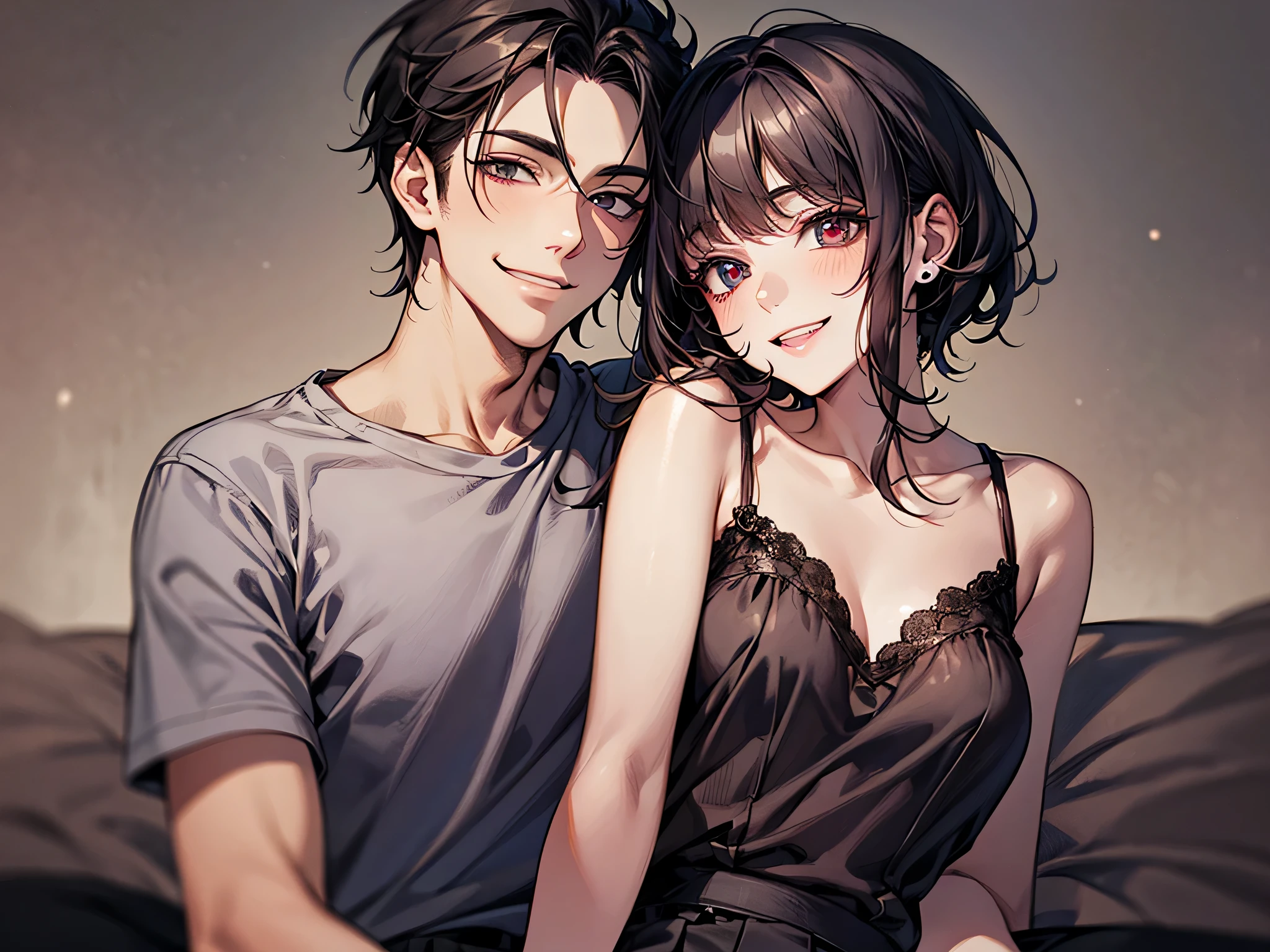 couple,(night),male,masterpiece, high quality, hd,perfect lighting, detailed face, detailed body, short black hair, white t-shirt, (smile: 1.5), sitting,fangs for women, bed,Vampire Woman,,couple