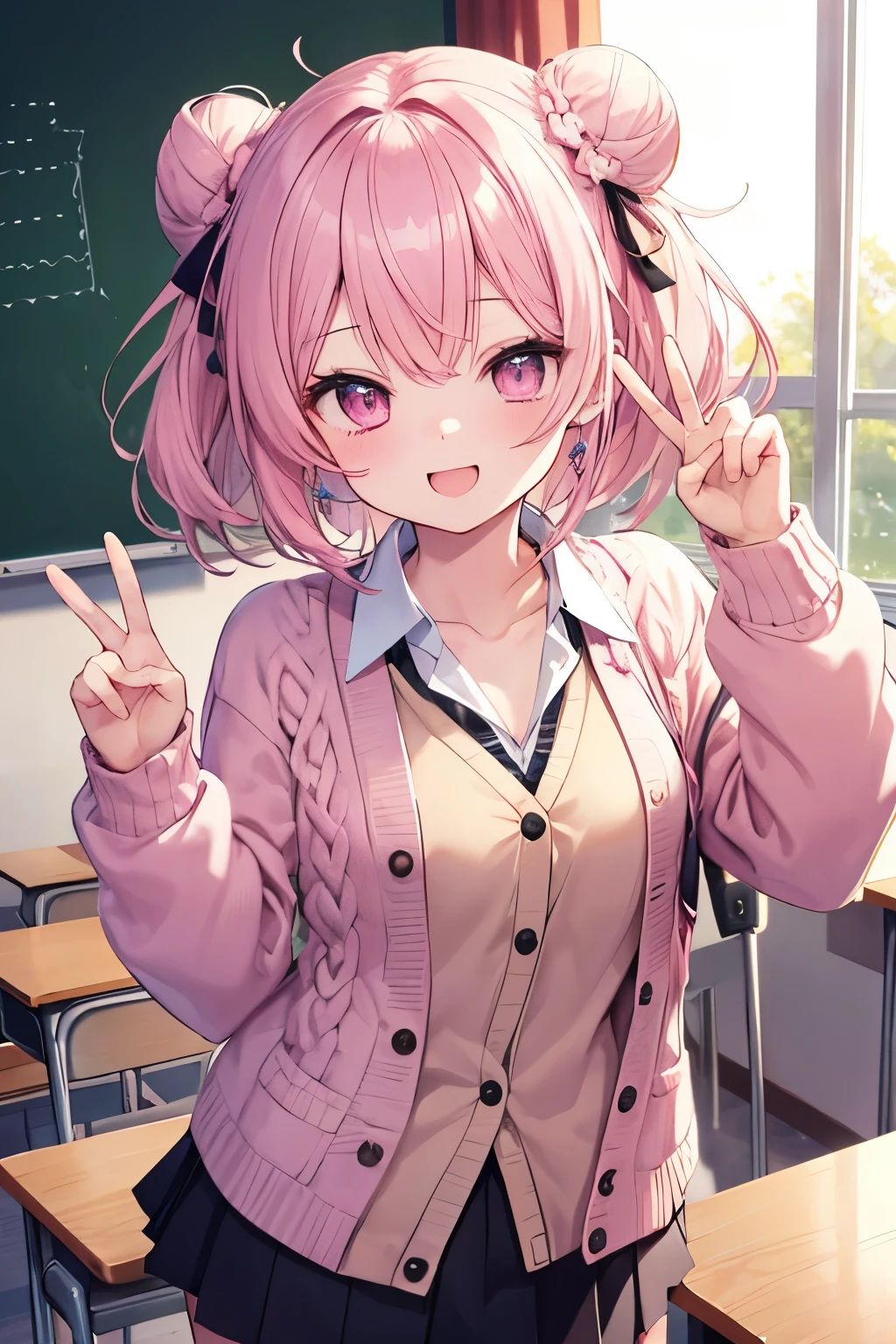 pink hair pink eyes、 girl、small breasts、bun hair、laughter、Nico Nico Smile、uniform、I&#39;m wearing a knit cardigan、doing peace、winking、 girl、Looks like a 、Petan Musume、are in the classroom、short、