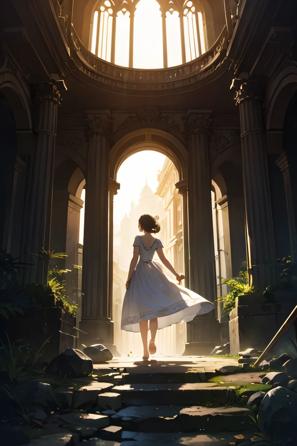 ((Highest image quality:1.6, masterpiece:1.4))、Dark Ancient Underground Ruins, Female Ritual in White Dress,
Long, dark hair braided intricately and wrapped around the shoulders, trailing behind as she takes slow steps, her old tattered dress torn in places, exposing her frail, chained hands and feet,
Barefoot and echoing the silence of the forsaken place,
((Forgotten Gateway of Time and Space:1.3)), the forgotten entrance to another world,
Mysteriously glowing with an ethereal light, revealing intricate details of the once-beautiful