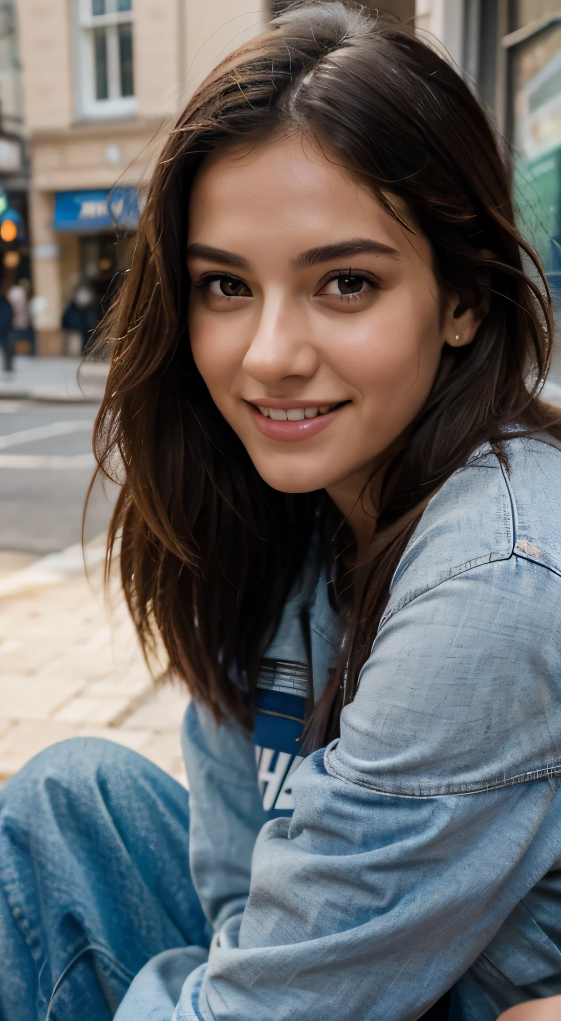 (8K), (Best Quality: 1), (Realistic), (Photorealistic: 1.4), Ultra High resolution, 1 Girl 22 year old, Cute, Smile, visible detailed teeth, Beautiful Details, Beautiful Nose, straight Hair, Pork, jeans t-shirt, front facing,