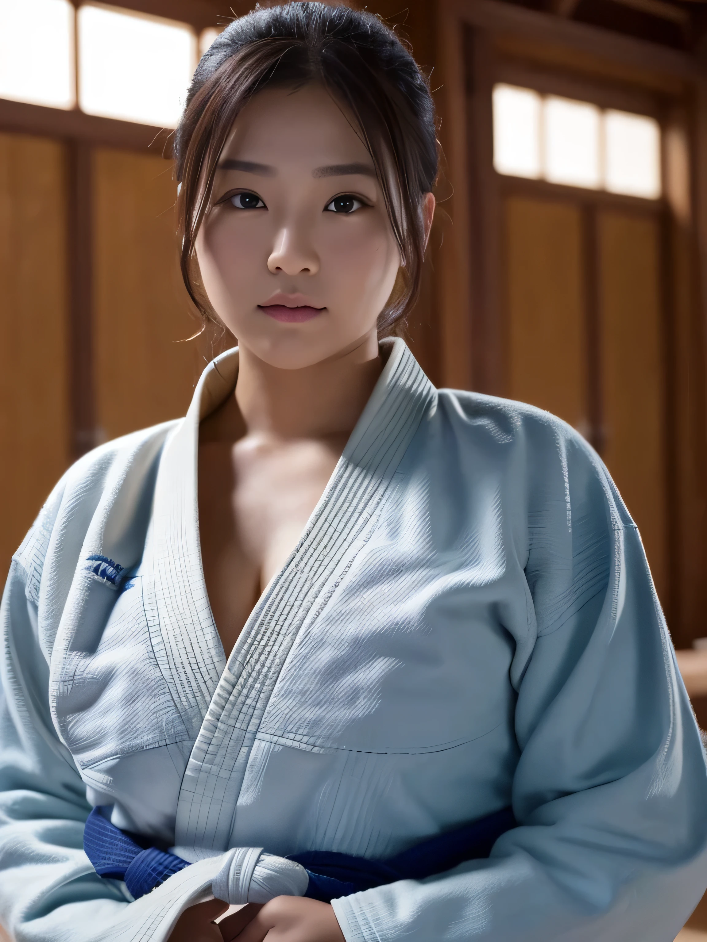 woman posing for a photo,(judo clothes:1.3), good hand,4k, High resolution, masterpiece, highest quality, head:1.3,((Hasselblad Photos)), fine skin, sharp focus, (cinematic lighting), Overweight, Extremely fat, Chubby, Japanese, clavicle, night, soft lighting, dynamic angle, [:(detailed face:1.2):0.2],(((Inside the judo hall)))