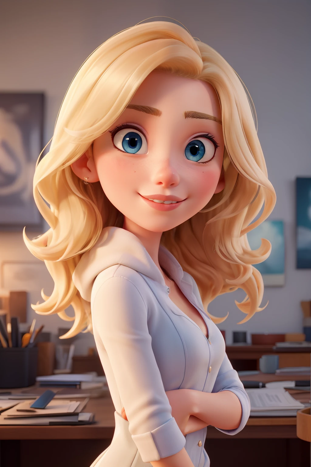 ((best quality)), ((work of art)), (detailed), perfect face, a young 22 year old blonde woman, straight hair and blue eyes looking at the camera