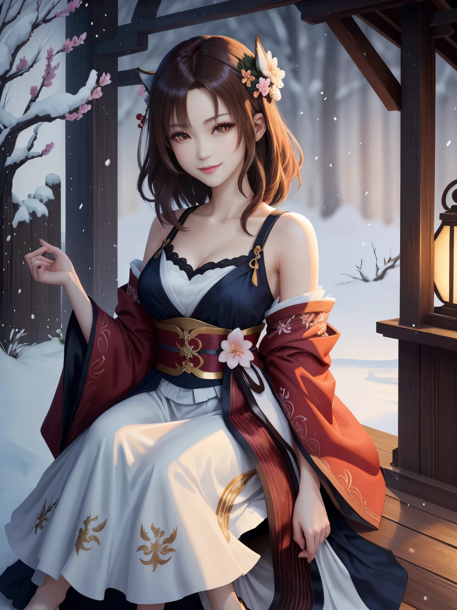 masterpiece , best quality,smile,smile,small face,shoulder exposure,some cleavage exposure,bright brown hair,slender body shape,brown eyes,sharp contrast,short hair,美しいフォルムのshort hair,just one person,precision quality,Faithfully reproduced eyes, 一面に咲くcherry blossom background,snow scene,masterpiece, 幻想的なcherry blossom background,night,nightの背景,cherry blossom background,beautiful details, colorful, delicate details, delicate lips, intricate details, genuine, ultrargenuineista, 枝に座っている色とりどりの髪のFoxを持つ女の子:Mature, bright eyes, ,色とりどりのFox, raposa de nine tails, 三尾Fox, 三尾Fox, onmyoji detail art, beautiful fine art illustration, mythical creatures, Fox, beautiful digital art,shrine maiden,hold hands,exquisite digital illustration, mizutsune, Inspired by mythical wild web creatures, pixiv in digital art, shining light, high contrast, Mysterious,