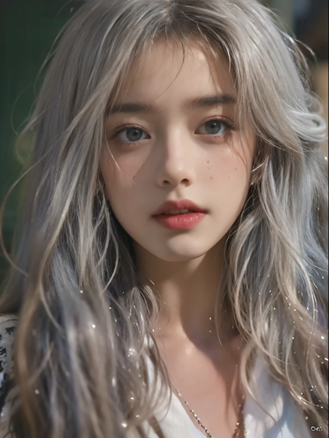 Masterpiece, 8K, HD, realistic, super detailed, portrait, 22 years old, European beautiful woman, silver hair, long messy hair, green eyes, exquisite facial features, flawless porcelain skin, freckles, cinematic lighting