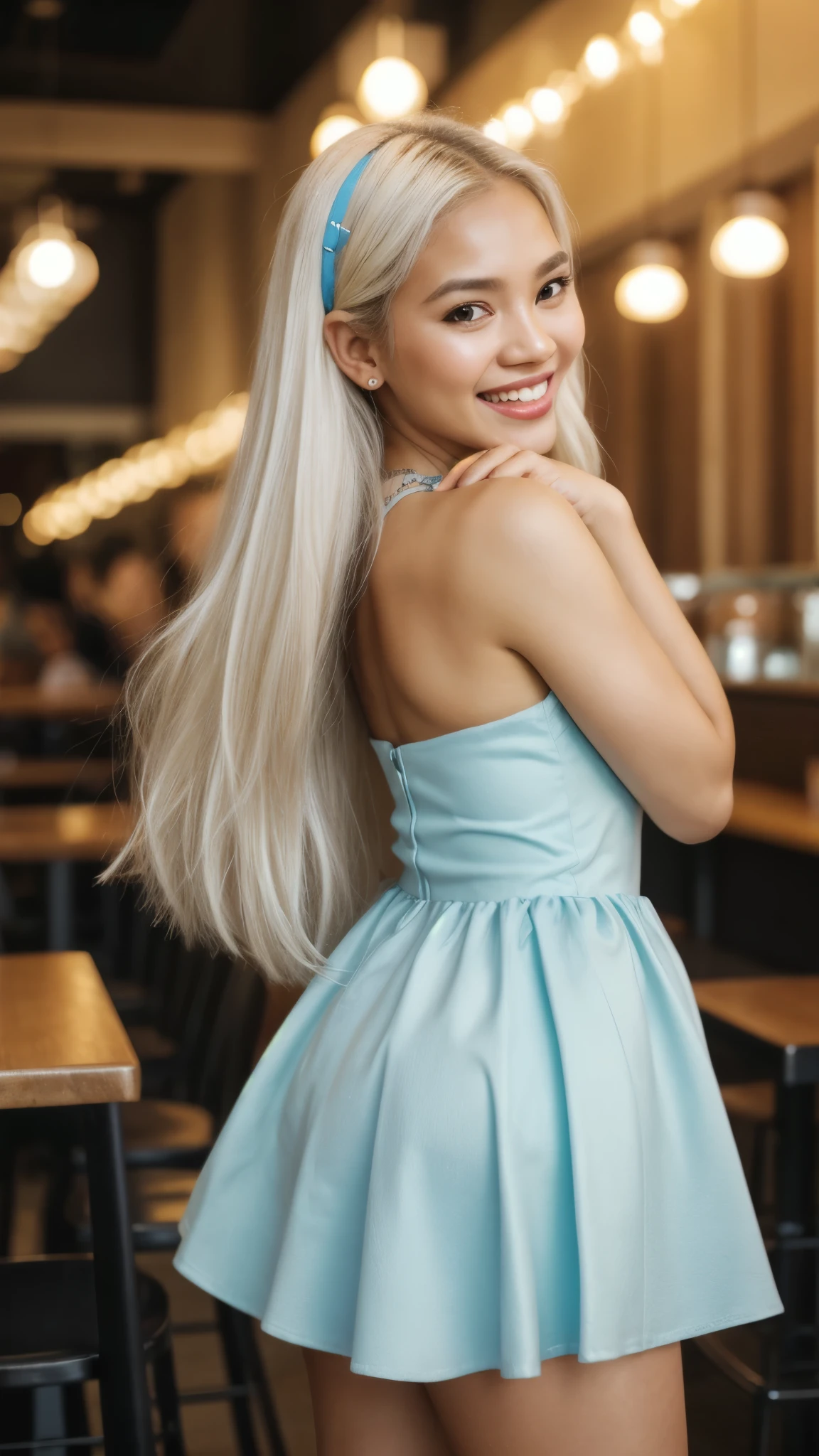 Malay girl, very long white hair,wear soft blue Mini peplum Dress , laughing and posing with hand on head, touching her own head, wear handbag, from back view, windy, detail skin, age spot, detail skin texture, mole below eyes, small breast, flat chest, wide hips, small waists, thick thighs, slim abs, beautiful body, nighttime, laughing, happy, bright lighting, crowded cafe, blur background, bokeh,