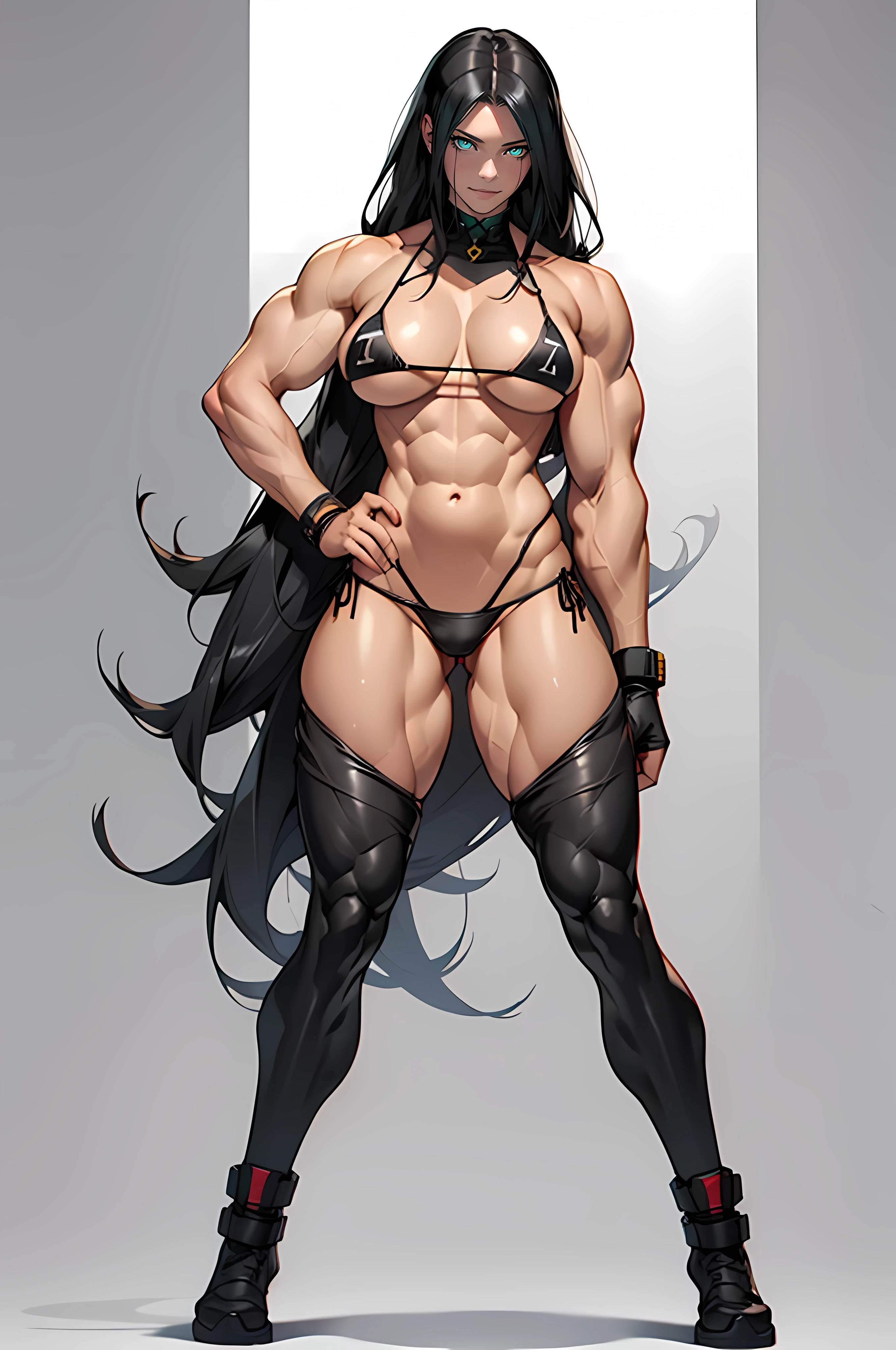 ((grey background)), solo, ((((1 girl)))), very long hair, black hair, angry, yellow eyeuscular))))), (huge tituscular Quadriceps)))), (wide hips), (full body), pale skin, (micro bikini), standing, slick hair