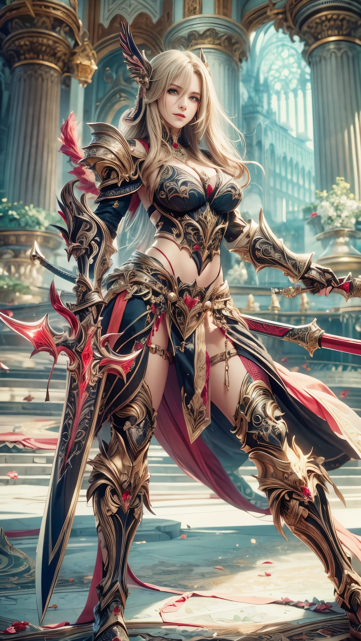 (RAW shooting:1.5, Photoreal:1.5, 8k, highest quality, masterpiece, ultra high resolution), medieval europe, world of magic and swords, perfect dynamic composition:1.2, Mysterious:1.3, Highly detailed skin and facial textures:1.3, cute and sexy slim female warrior, beautiful and aesthetic:1.2, cute and sexy beauty, perfect style, wear elaborate rings, Pose swinging a large sword, fire, water, Wind, thunder, ice, Fair skin, very beautiful face, (Medium chest, Chest gap), (embarrassing smile, The expression on your face when you feel intense caress, Facial expression when feeling pleasure), (sexy gold metallic armor:1.1, off shoulder, Navel exposure), (beautiful blue eyes, Eyes that feel beautiful eros:0.8), (Too erotic:0.9, Bewitching:0.9), full body shot, Ancient castle in the background